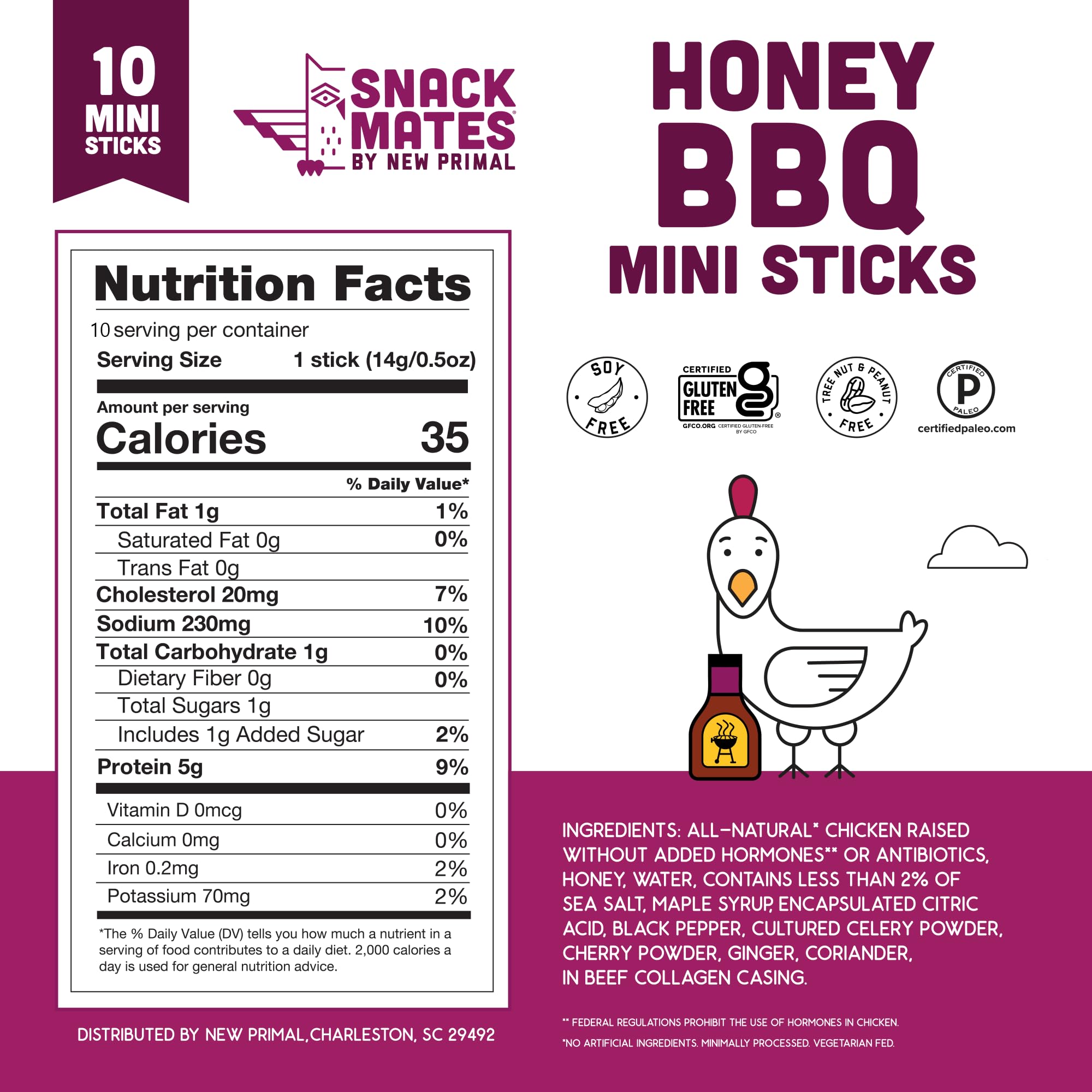 New Primal Snack Mates Honey BBQ Chicken Sticks, Healthy Snack for Kids, Low Sugar High Protein Back to School Snacks, Gluten Free, Mini Jerky Meat