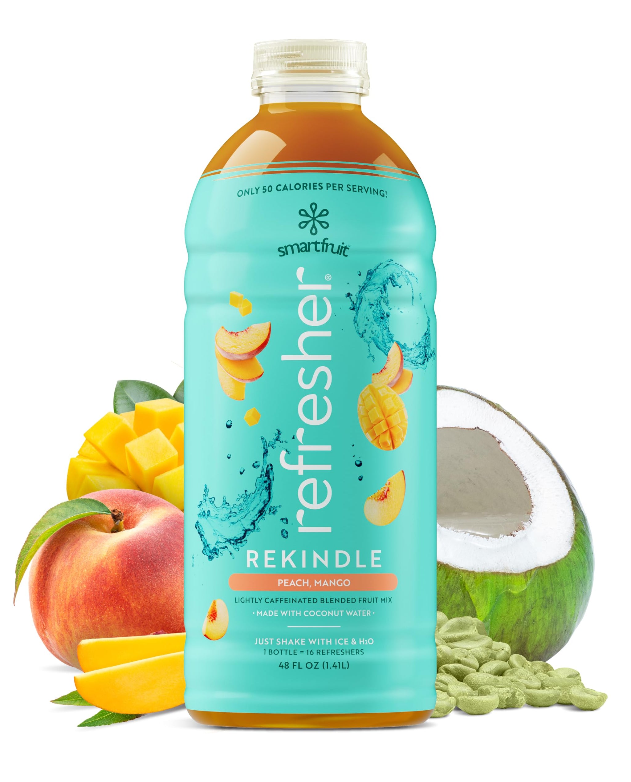 Smartfruit Rekindle Refresher - Peach, Mango - Made with Real Fruit Juice, No Added Sugar, Coconut Water for Hydration, Green Coffee Bean Extract