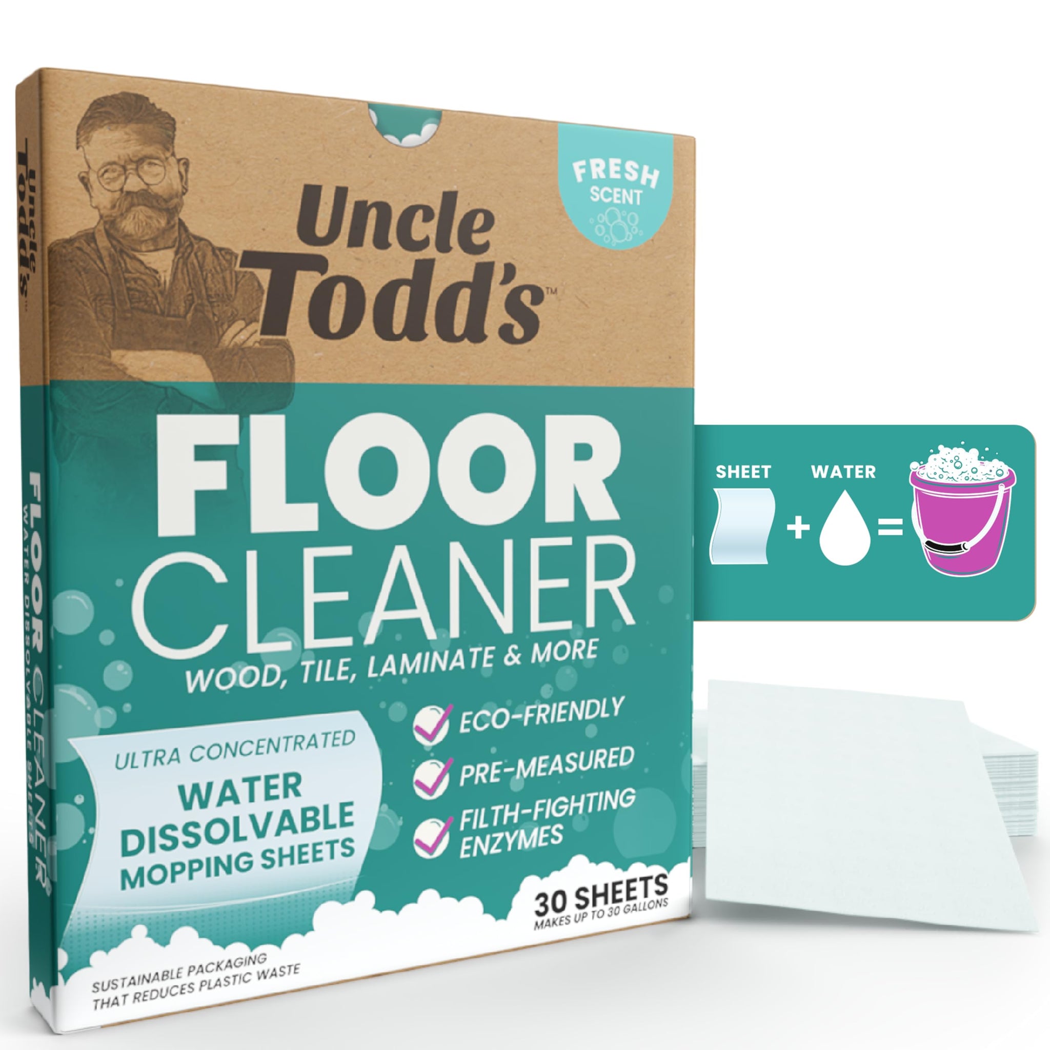 Uncle Todd's Ultra Concentrated Floor Cleaner For Mopping: 30 Natural, 100% Dissolvable Sheets for Mopping - Hardwood & Wood Floor Cleaner