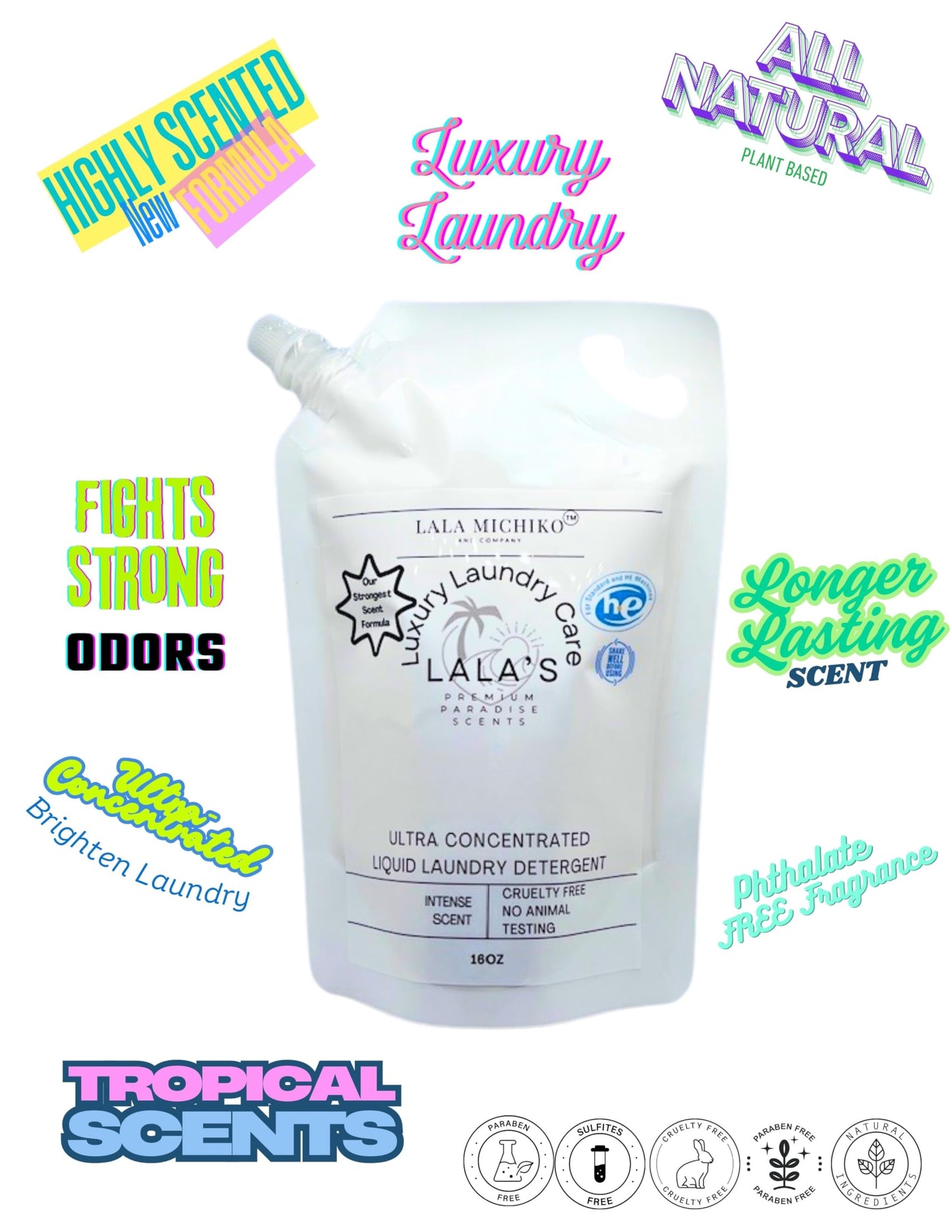 Lala’s Premium Paradise Scents 16oz Liquid Laundry Detergent Refill Pouch - High-Scented, Long-Lasting, Eco-Friendly Concentrated Formula (Paradise