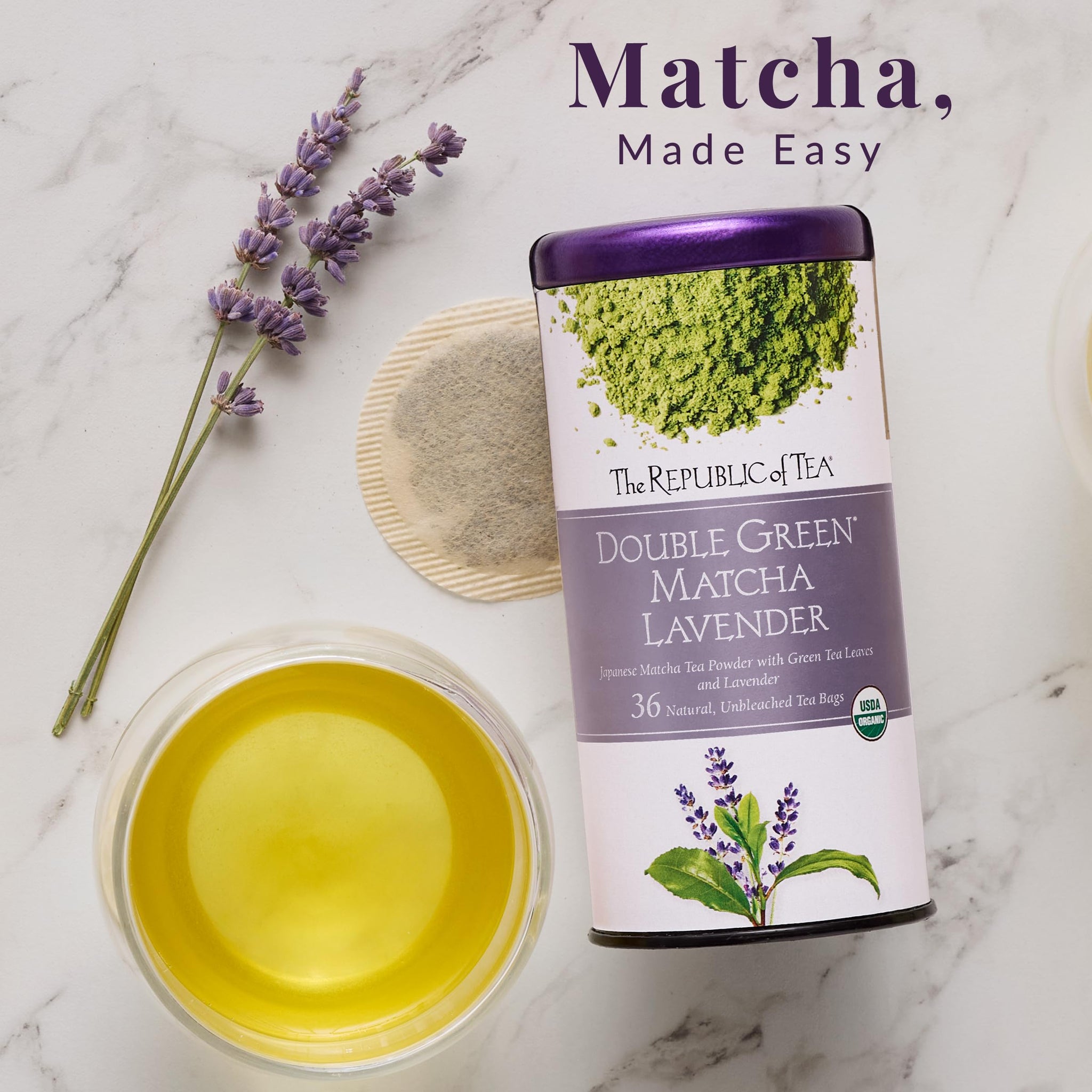 The Republic of Tea Organic Double Green Matcha Lavender, Individual Tea Bags with Japanese Matcha Tea Powder and Green Tea Leaves Blend, Natural
