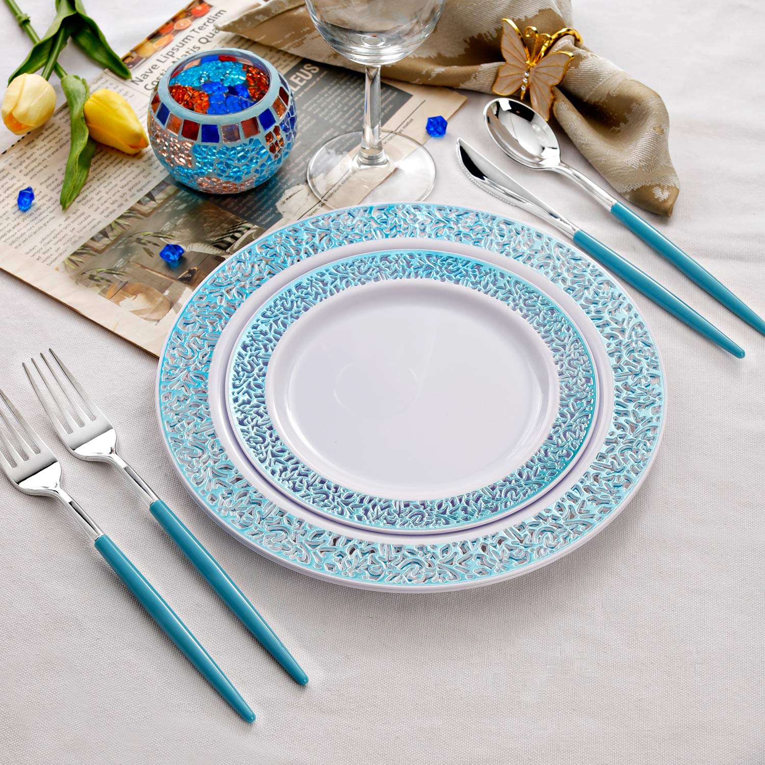 WELLIFE 120 PCS Blue Plastic Plates, Blue Party Plates, Includes: 24 Dinner Plates 10.25”, 24 Dessert Plates 7.5”, 72 Plastic Cutlery for Party