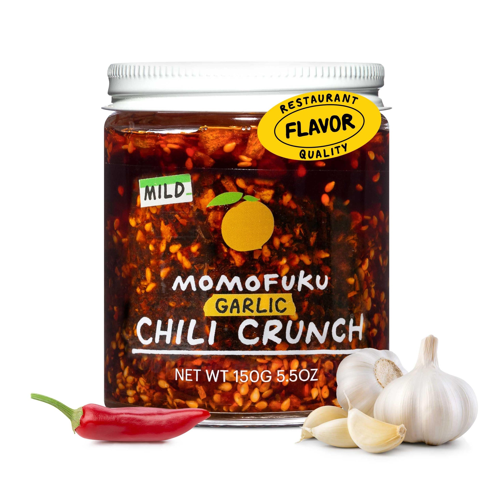 Momofuku Mild Garlic Chili Crunch by David Chang, (5.5 Ounces), Chili Oil with Crunchy Garlic and Shallots, Mild Chili Crisp