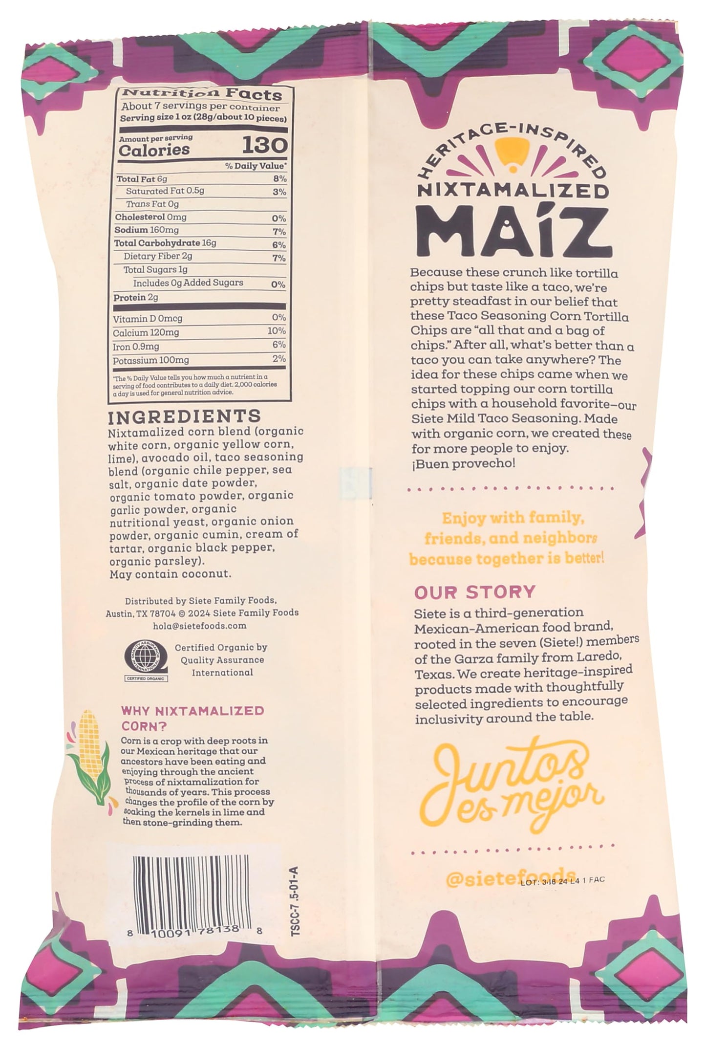 Siete Family Foods Taco Seasoning Maiz Tortilla Chips, 7.5 OZ