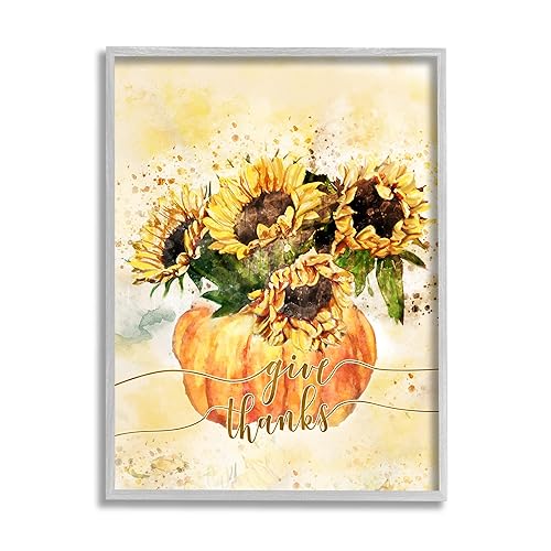 Stupell Industries Give Thanks Phrase Orange Pumpkin Sunflower Floral Burst, Design by Ziwei Li