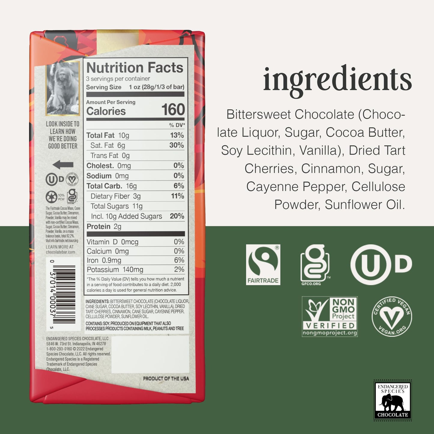 Endangered Species Dark Chocolate Bar with Cinnamon, Cayenne & Cherry (60% cocoa)