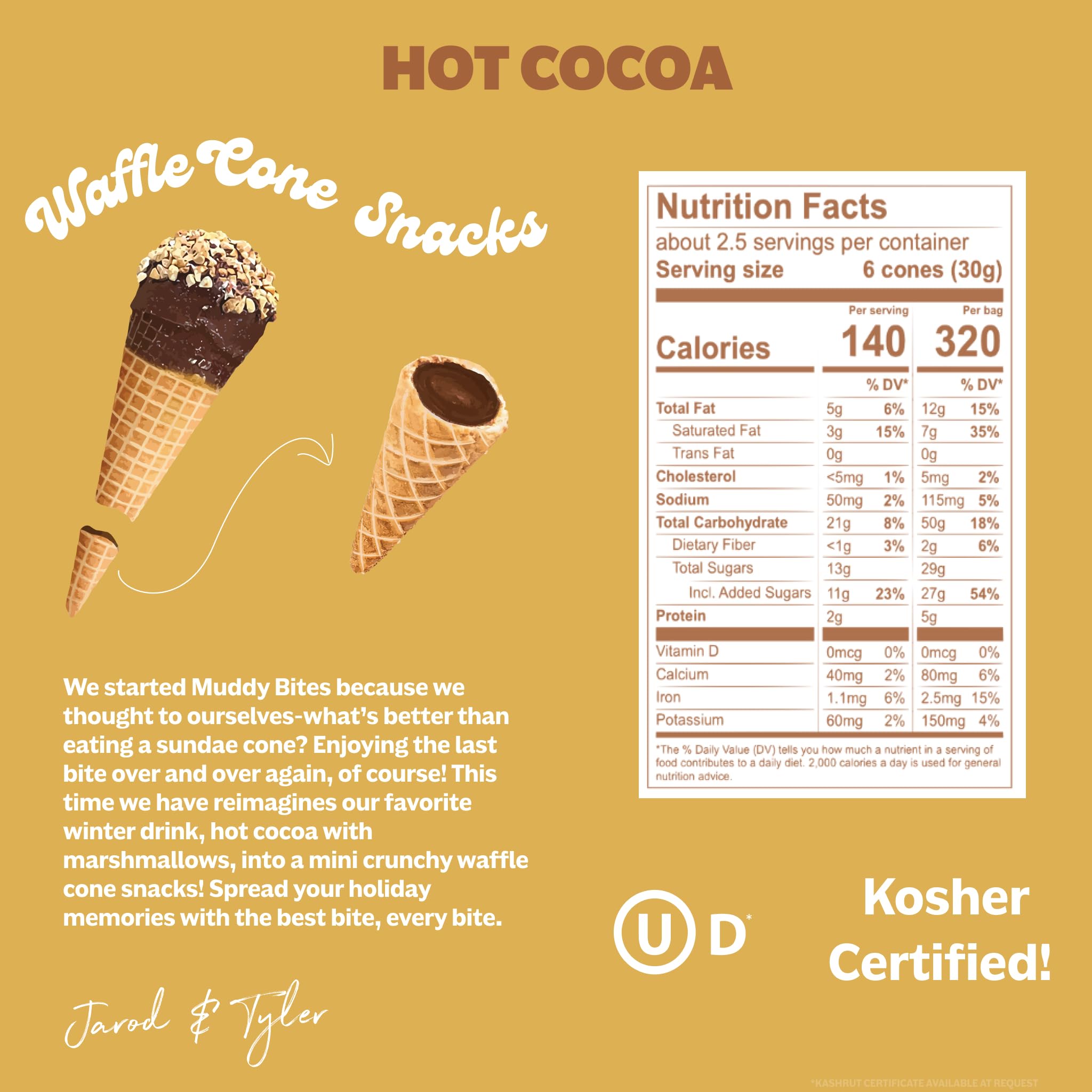 Muddy Bites Waffle Cone Snacks Bite Sized Chocolate Filled Waffle Cones for Snack or Dessert, Hot Cocoa, Made with Cane Sugar, Non-GMO, Kosher (Hot