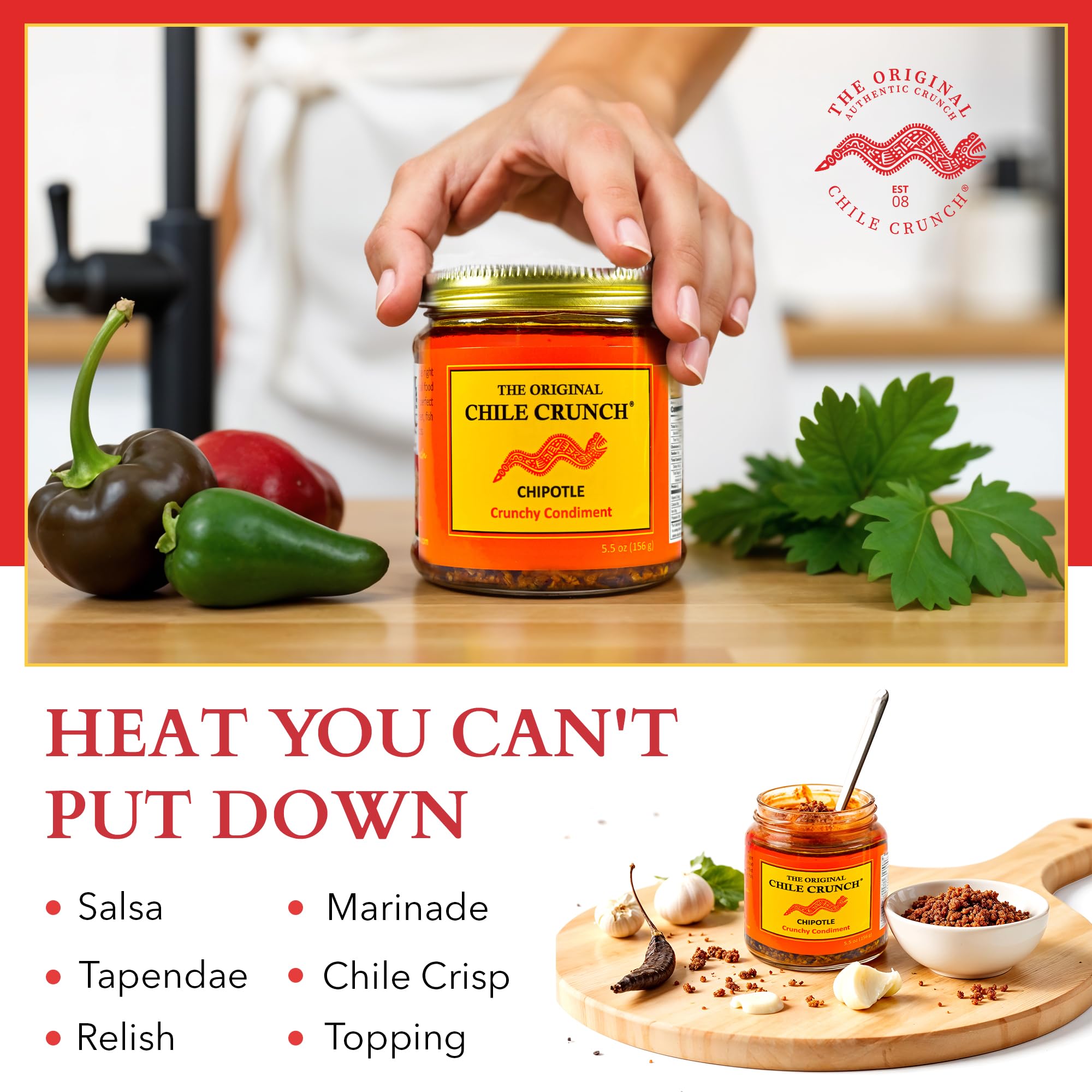 CHILE CRUNCH - Chipotle Spicy Crunchy Condiment - All Natural Roasted Chili Peppers, Garlic & Onion Crisp Sauce - Vegan, Gluten-Free, No Preservatives