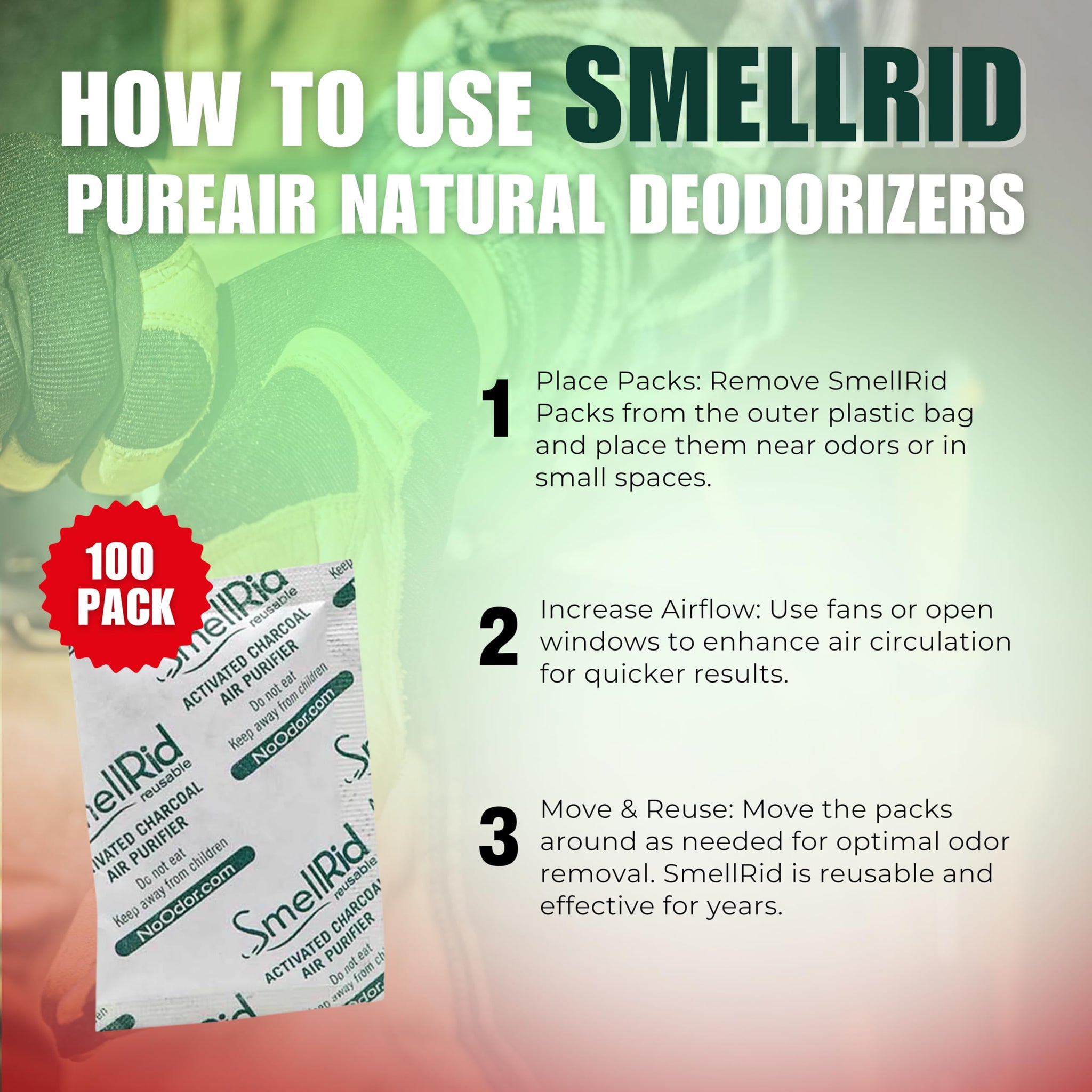 SMELLRID Activated Charcoal Odor Remover That Works [100 Pack] - Mini 5g (2” x 2”) Pack Treats 2 Sq. Ft.- Premium Natural Odor & Dampness Absorber
