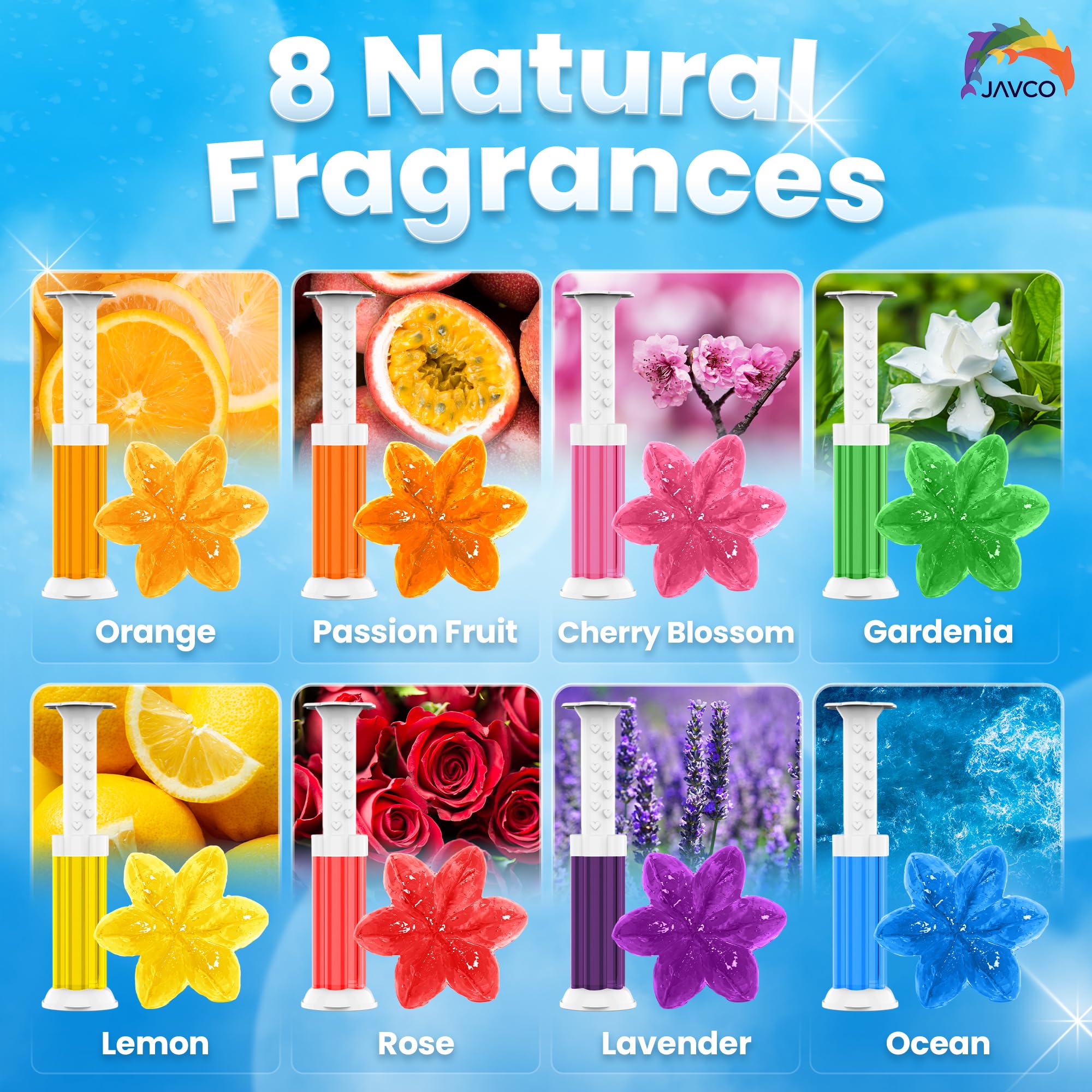 JAVCO Toilet Gel Stamps, 96 Flower Stamps Toilet Bowl Freshener, Long Lasting Toilet Cleaners Gel for Bathroom Odor Control, 8 Mixed Scents, Automatic