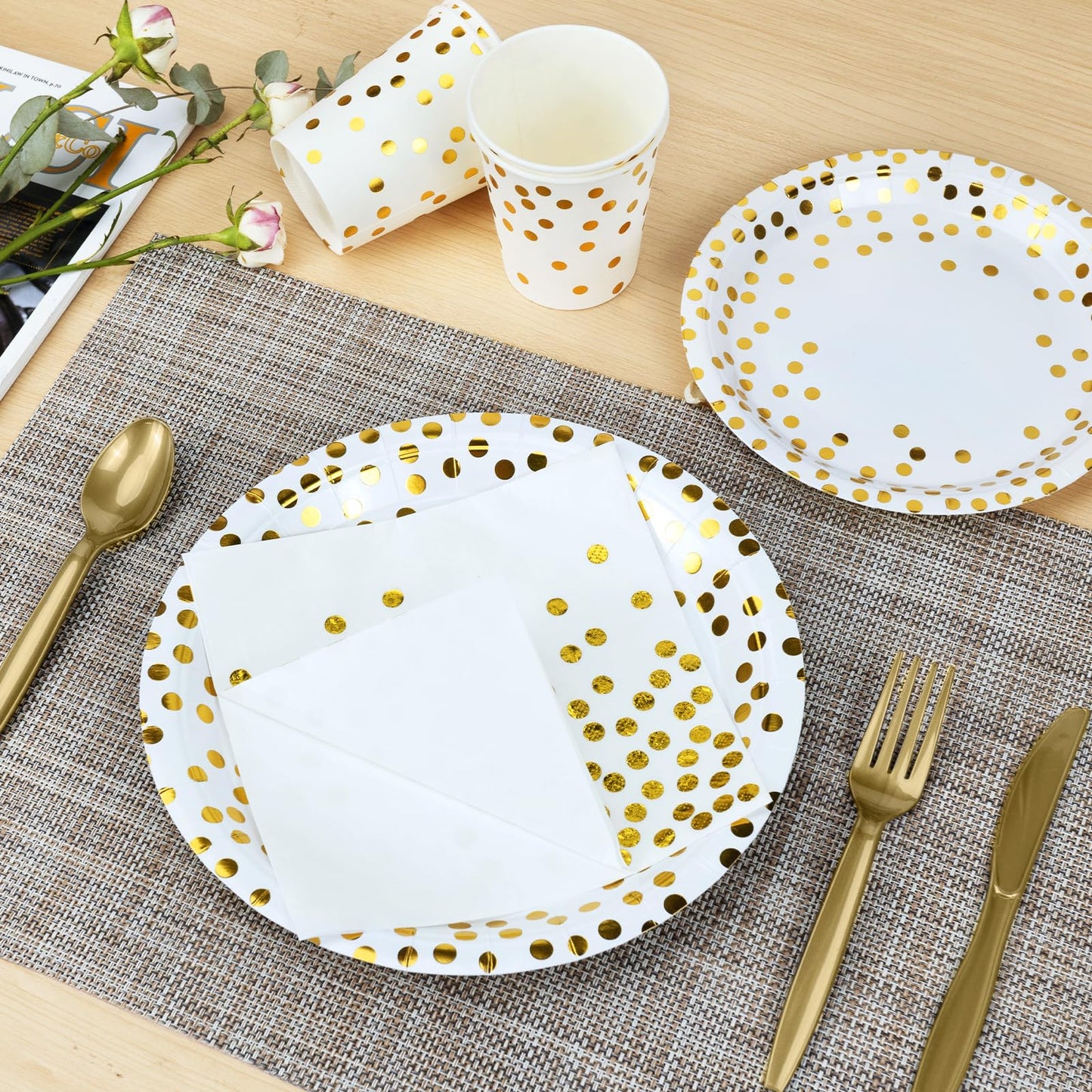 Lzerking Party Supplies Set - 210 Pieces of White and Gold Dot Paper Plates, Cups, Napkins, and Heavy Duty Silverware for 30 Guests for Birthdays