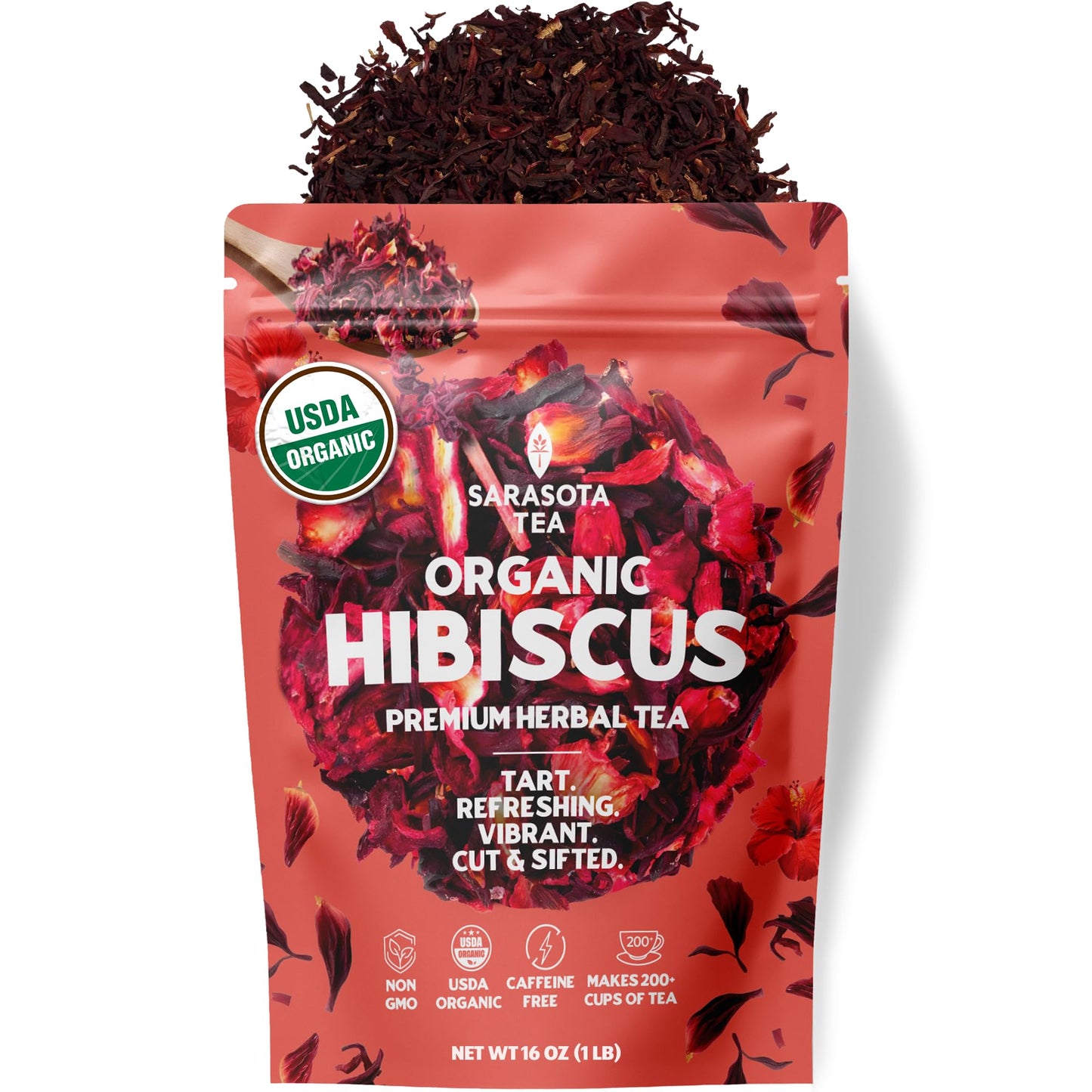 Organic Hibiscus 1lb Loose Leaf Tea | Naturally Tart & Refreshing Herbal Tea | Caffeine-Free | Dried Hibiscus Flowers for Hot or Iced | Non-GMO |