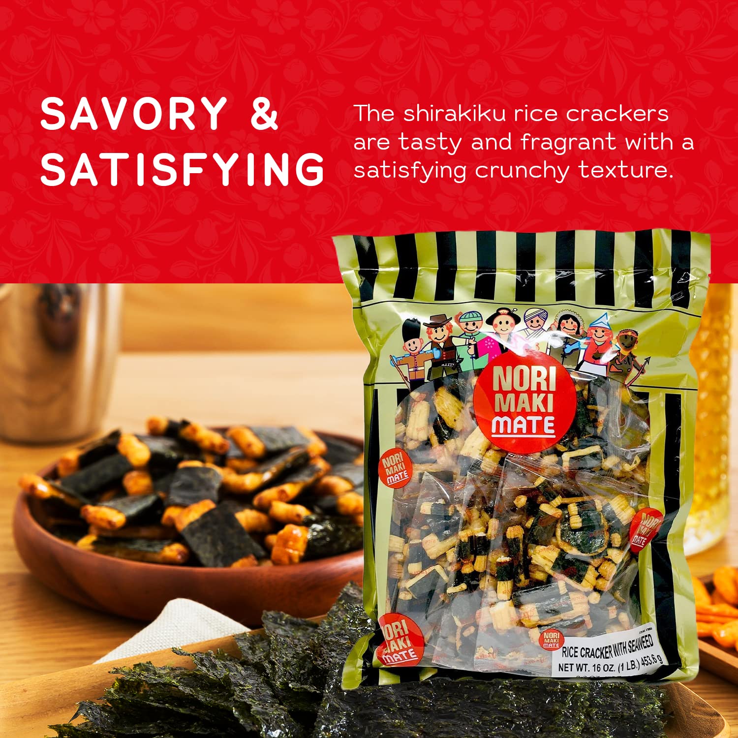 Shirakiku Norimaki Arare Mate - Crispy Japanese Rice Cracker | Glutinous Rice, Soy Sauce and Seaweed | Low Carb Rice Cracker Snacks, Seaweed Flavor 16