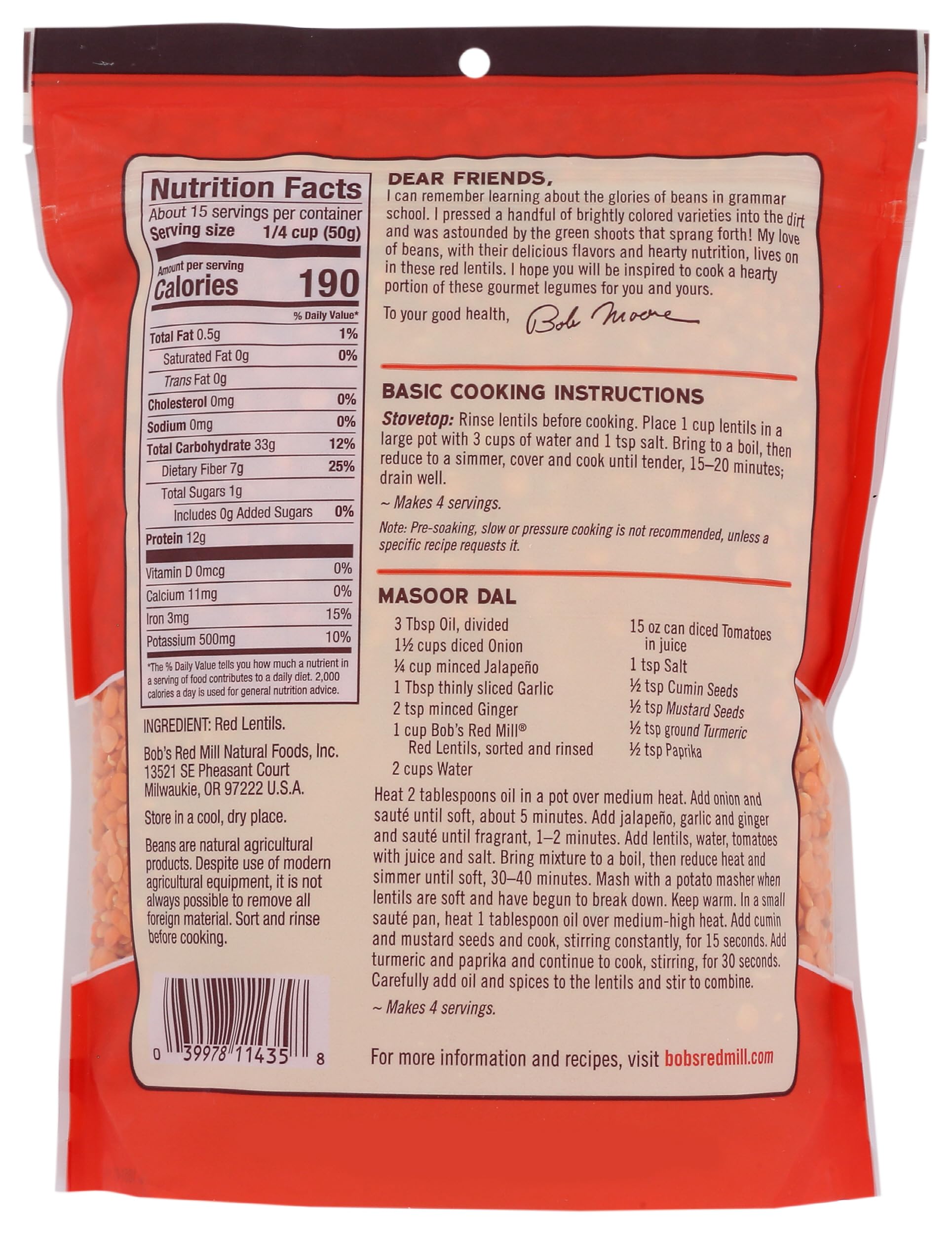 Bob's Red Mill Red Lentils, 27 Oz (Pack of 1) - Non GMO, Vegan, Kosher