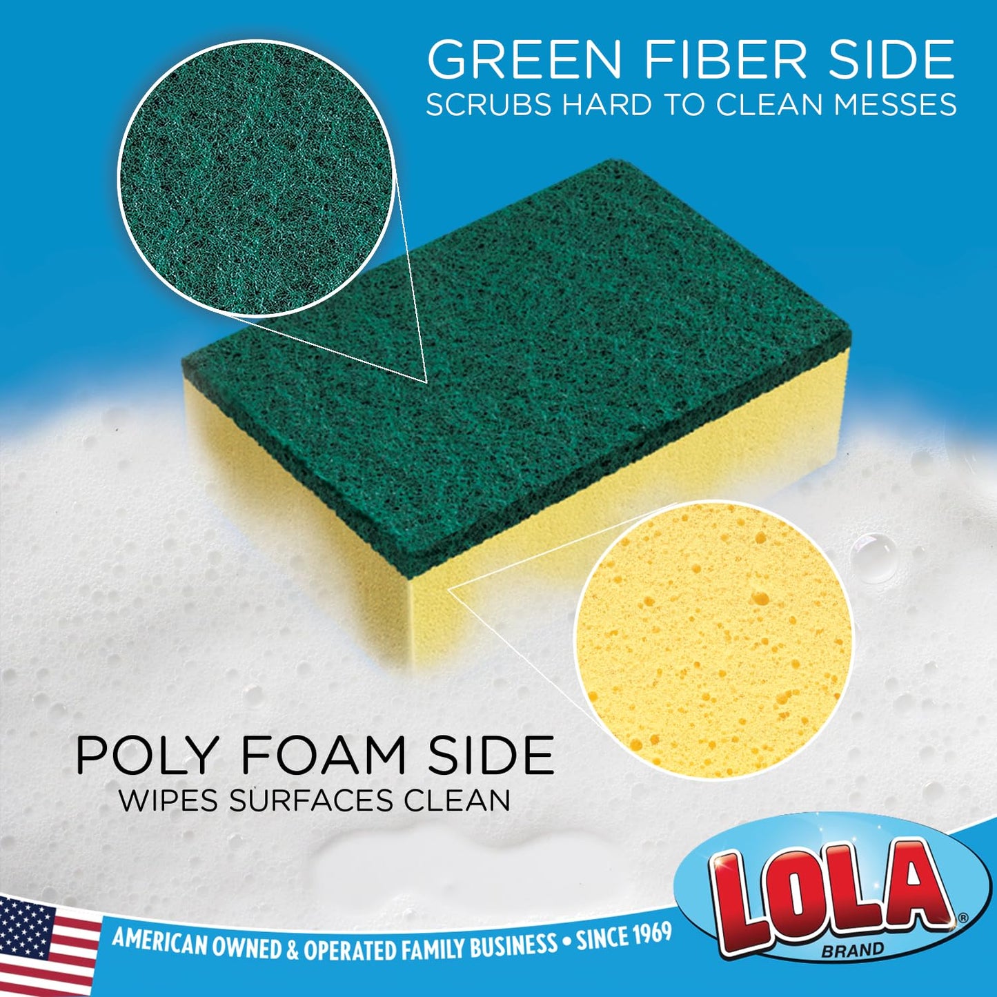 LOLA Pot Brite Scour N' Sponge, 12 Pack, Non-Scratch Dish Scrub, Nylon & Polyester, Fiber Side Scrubs & Scours & Sponge Side Wipes & Dries