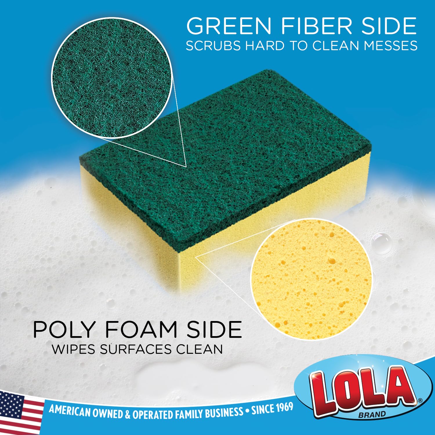 LOLA Pot Brite Scour N' Sponge, 12 Pack, Non-Scratch Dish Scrub, Nylon & Polyester, Fiber Side Scrubs & Scours & Sponge Side Wipes & Dries
