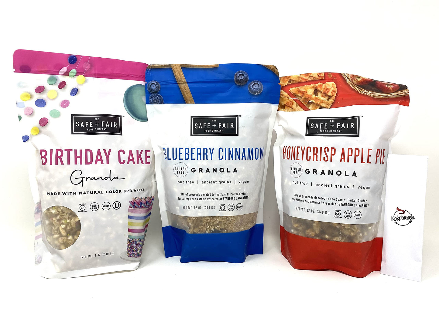 The Safe + Fair Food Company, Birthday Cake Granola Blueberry Cinnamon Granola Honeycrisp Apple Pie Granola Bundle with Kokobunch Kit 12Oz(Pack of 3)