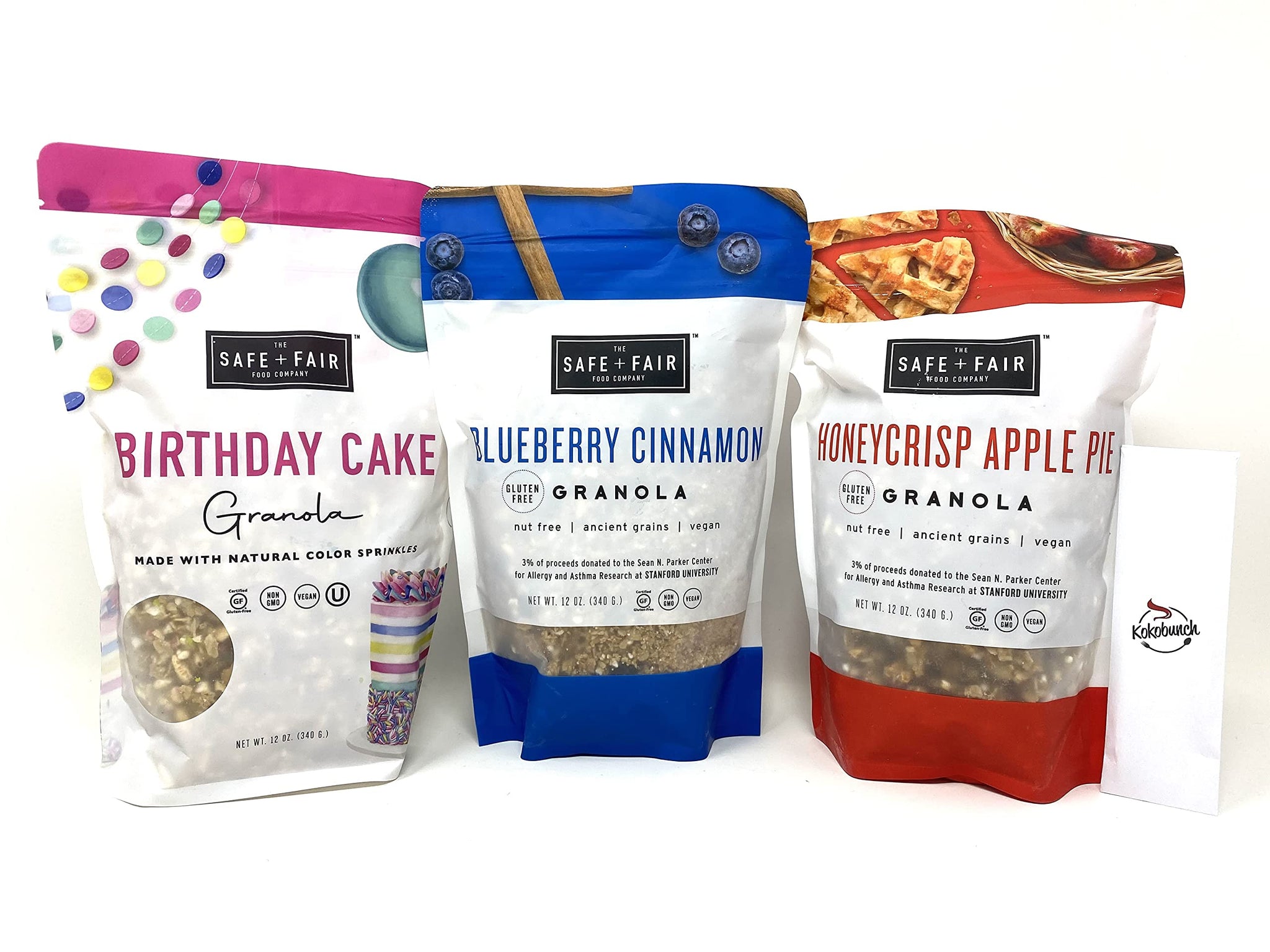 The Safe + Fair Food Company, Birthday Cake Granola Blueberry Cinnamon Granola Honeycrisp Apple Pie Granola Bundle with Kokobunch Kit 12Oz(Pack of 3)