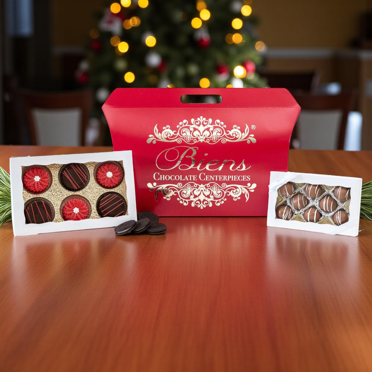 Biens Chocolate Centerpieces, Winter Christmas Custom Covered Chocolate Sandwich Cookies Gift Set - Poinsettia Custom Hand Decorated Cookies & Dipped