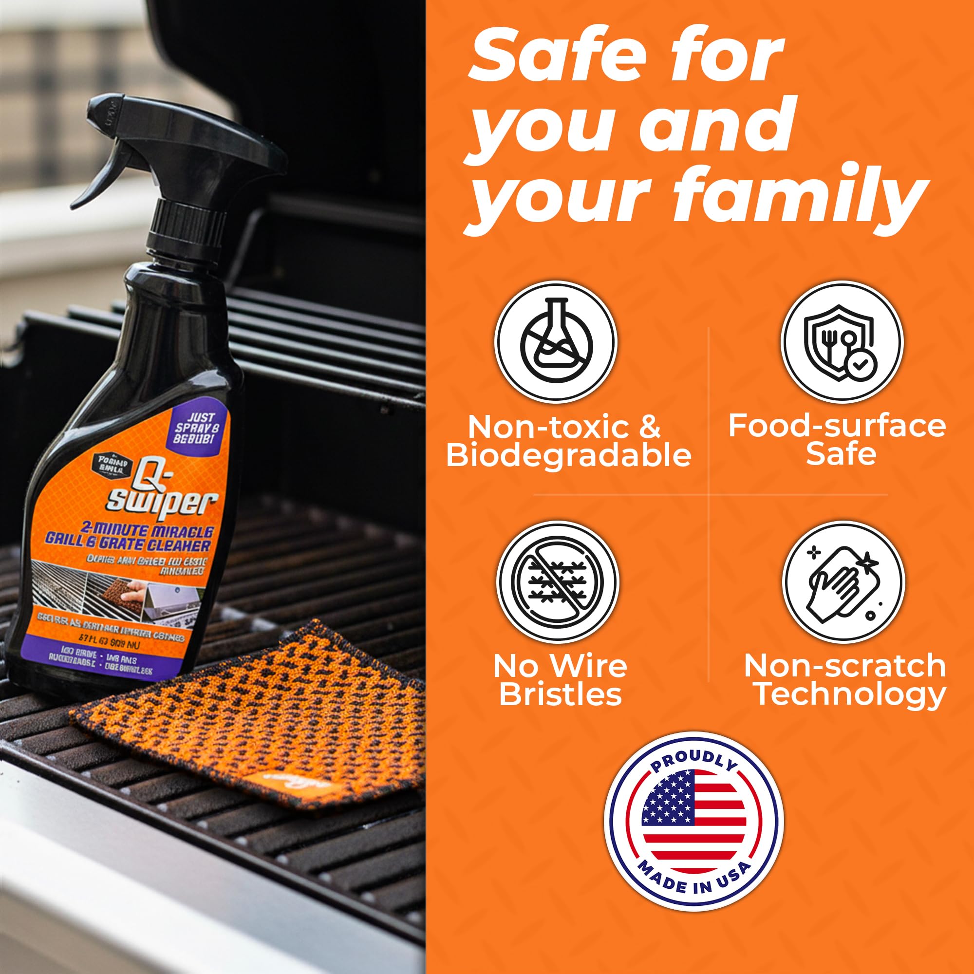 Proud Grill Company Q-Swiper 2-Minute Miracle Grill & Grate Cleaner with Scrub Clean Cloth - Father Day Gifts, Degreaser Spray for BBQ, Oven, Stove