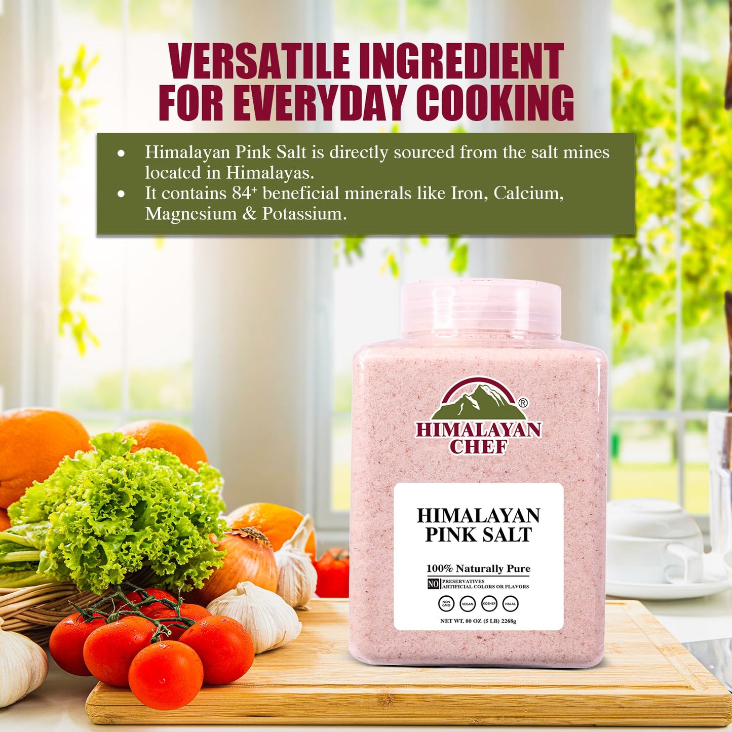 Himalayan Chef Pink Salt Fine Plastic Jar 5 Lbs, Pure 100% Natural Gourmet Pink Salt, Add Essential Minerals | Perfect for cooking & Seasoning, Pack