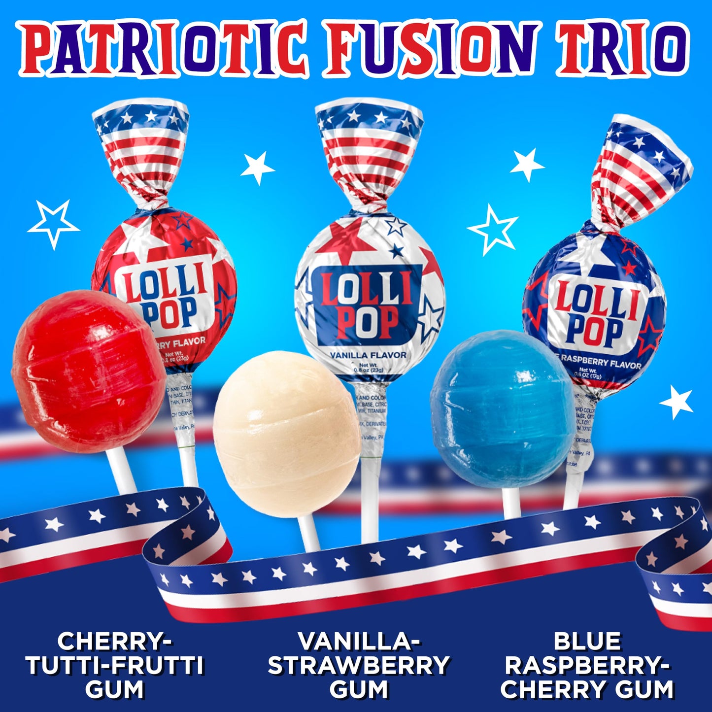 Patriotic Candy - 2 Pound Bulk Pack - 35 Count - 4th of July Lollipops - Red White and Blue Candy - Cherry, Vanilla, Blue Raspberry - Gum Filled Pops