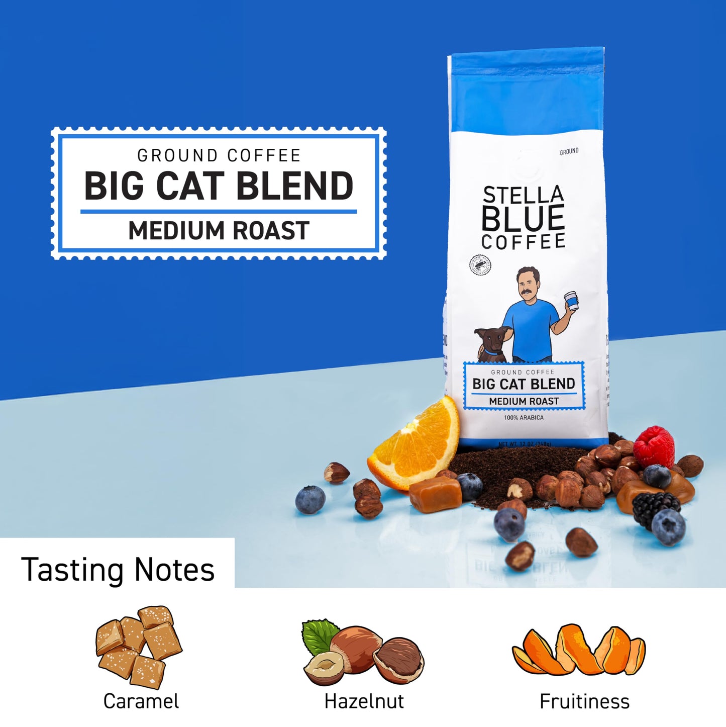 Stella Blue Ground Coffee, Big Cat Blend, Medium Roast, Fresh Coffee Ground 100% Arabica, Smooth Balanced Roast with Distinct Flavor Notes, Ethically