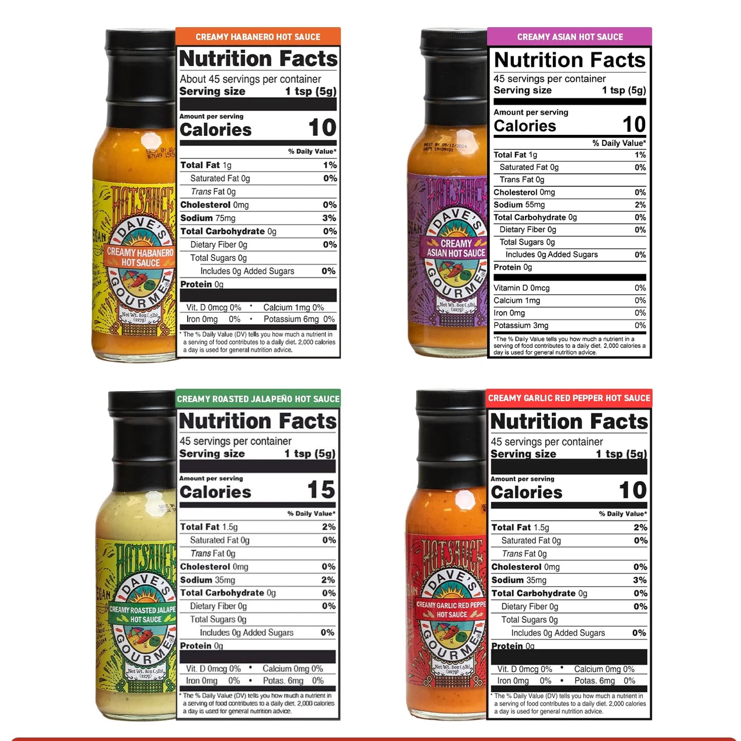 Dave’s Gourmet Creamy Hot Sauce Variety 4-Pack - Jalapeño, Garlic Red Pepper, Asian & Habanero Sauces - Medium Heat, Creamy Texture - Vegan
