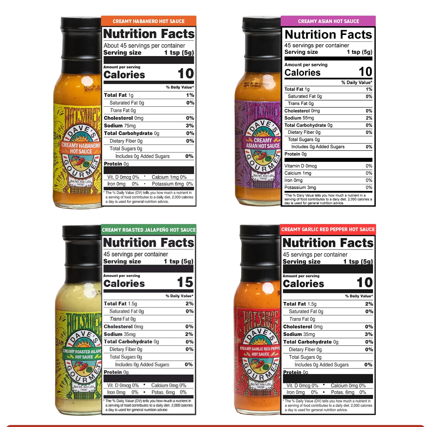 Dave’s Gourmet Creamy Hot Sauce Variety 4-Pack - Jalapeño, Garlic Red Pepper, Asian & Habanero Sauces - Medium Heat, Creamy Texture - Vegan
