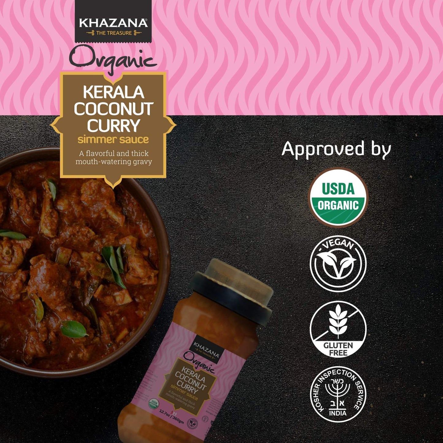Khazana ORGANIC Kerala Coconut Curry Indian Simmer Sauce - 6 x 12.7oz Jars | Non-GMO, Vegan, Gluten Free, Kosher | Authentic Indian Meals Made Easy at