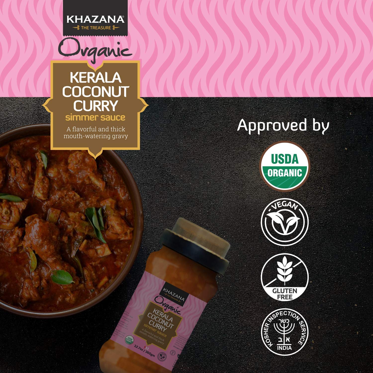 Khazana ORGANIC Kerala Coconut Curry Indian Simmer Sauce - 6 x 12.7oz Jars | Non-GMO, Vegan, Gluten Free, Kosher | Authentic Indian Meals Made Easy at