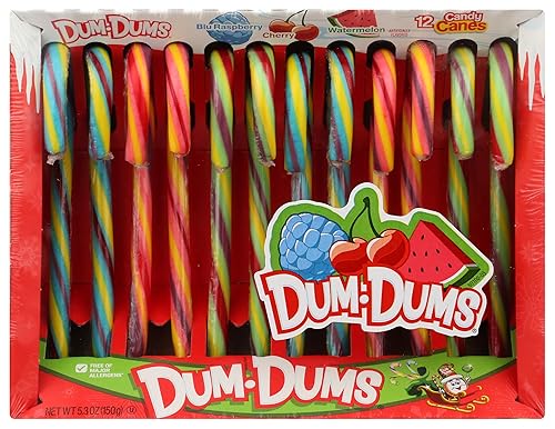 Dum dums candy canes (1) 5.3oz Box 12 individual wrapped pieces. Blu Raspberry, Cherry, Watermelon. Holidays Candy