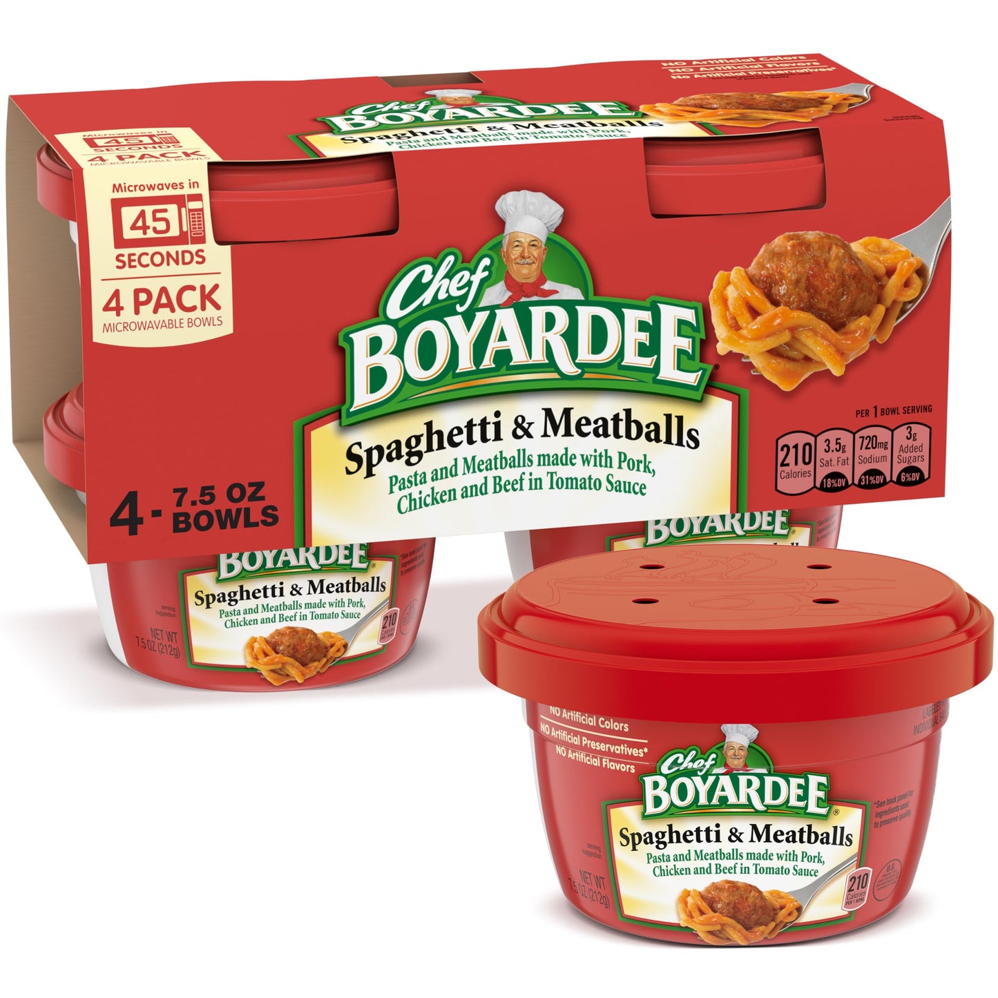 Chef Boyardee Spaghetti & Meatballs, Microwave Meal, 7.5 oz. 4-Count