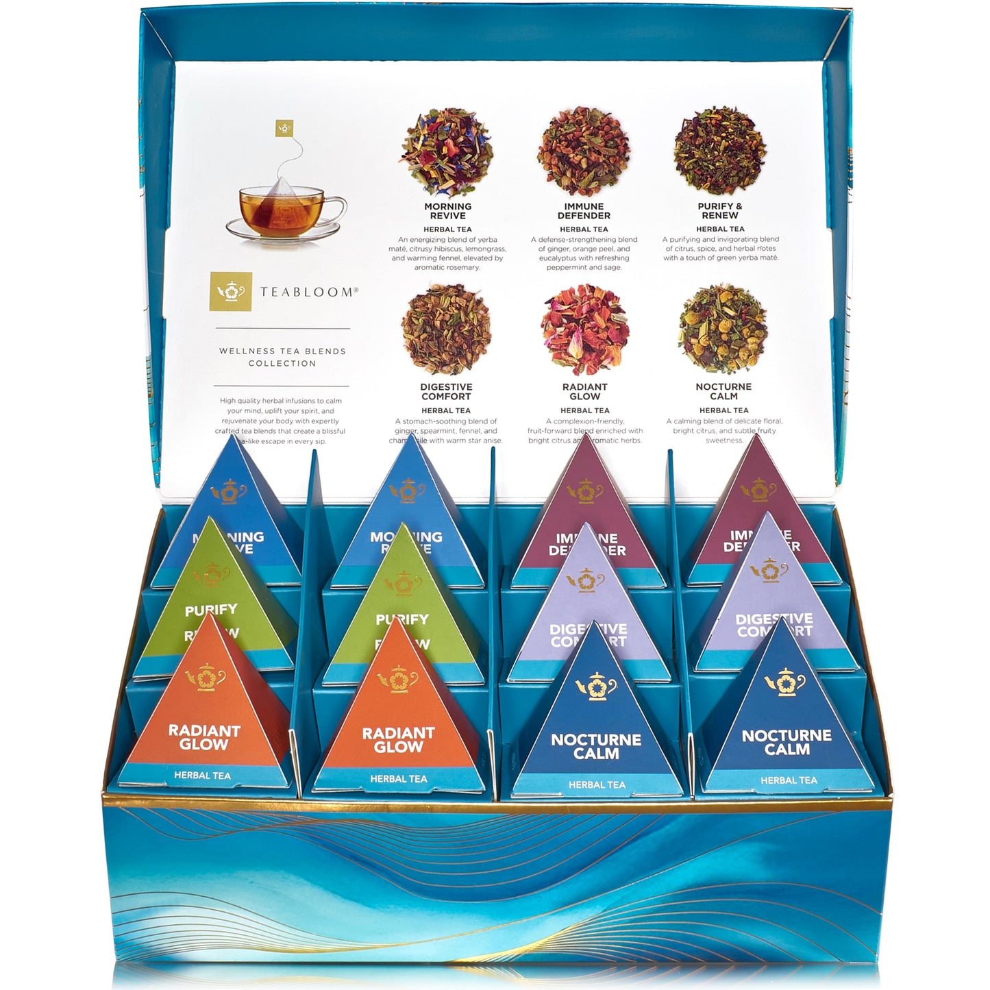 Teabloom Wellness Tea Collection - Fruit & Herbal Assortment with 12 Plant-Based Pyramid Sachets, Organic Ingredients, Elegant Presentation Box
