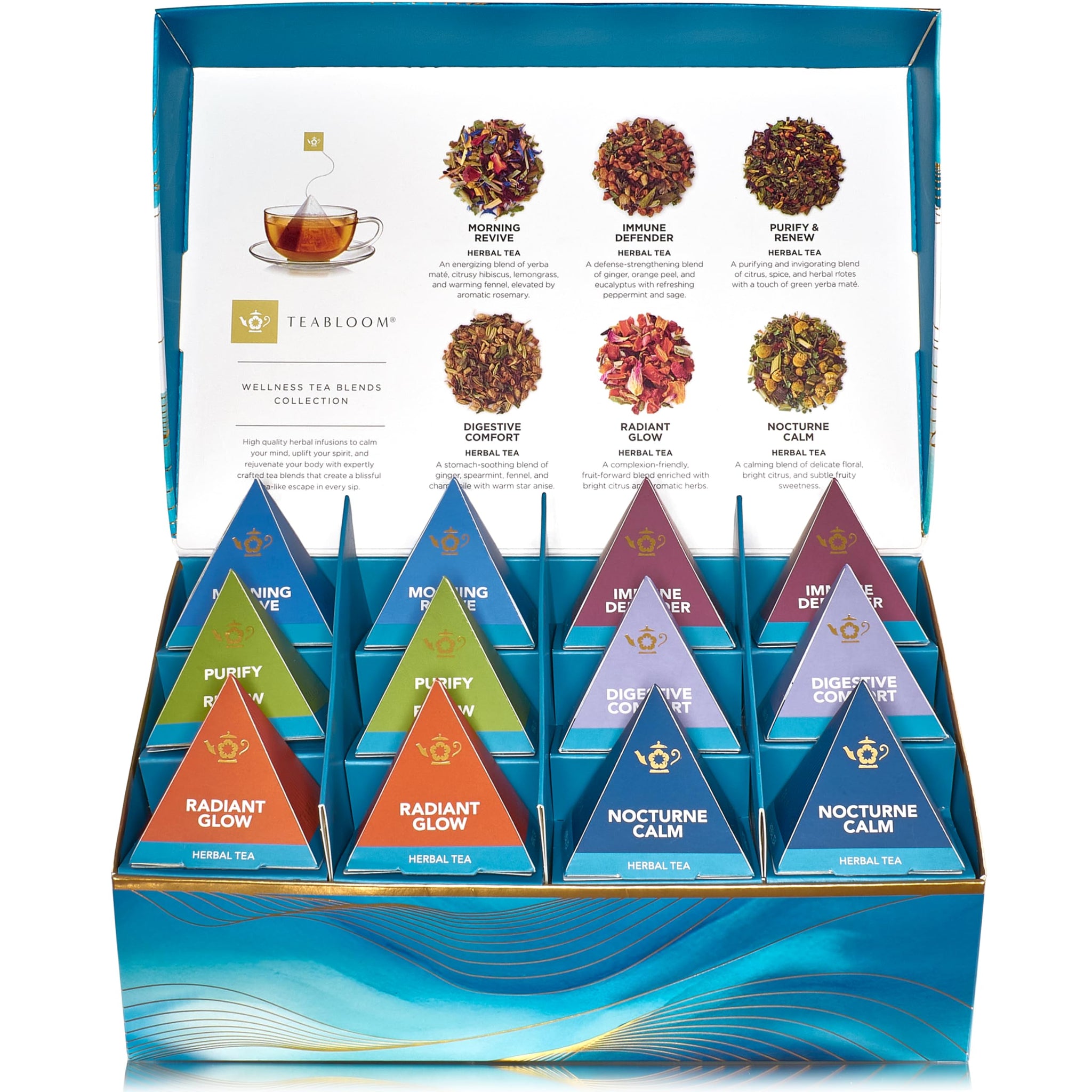Teabloom Wellness Tea Collection - Fruit & Herbal Assortment with 12 Plant-Based Pyramid Sachets, Organic Ingredients, Elegant Presentation Box
