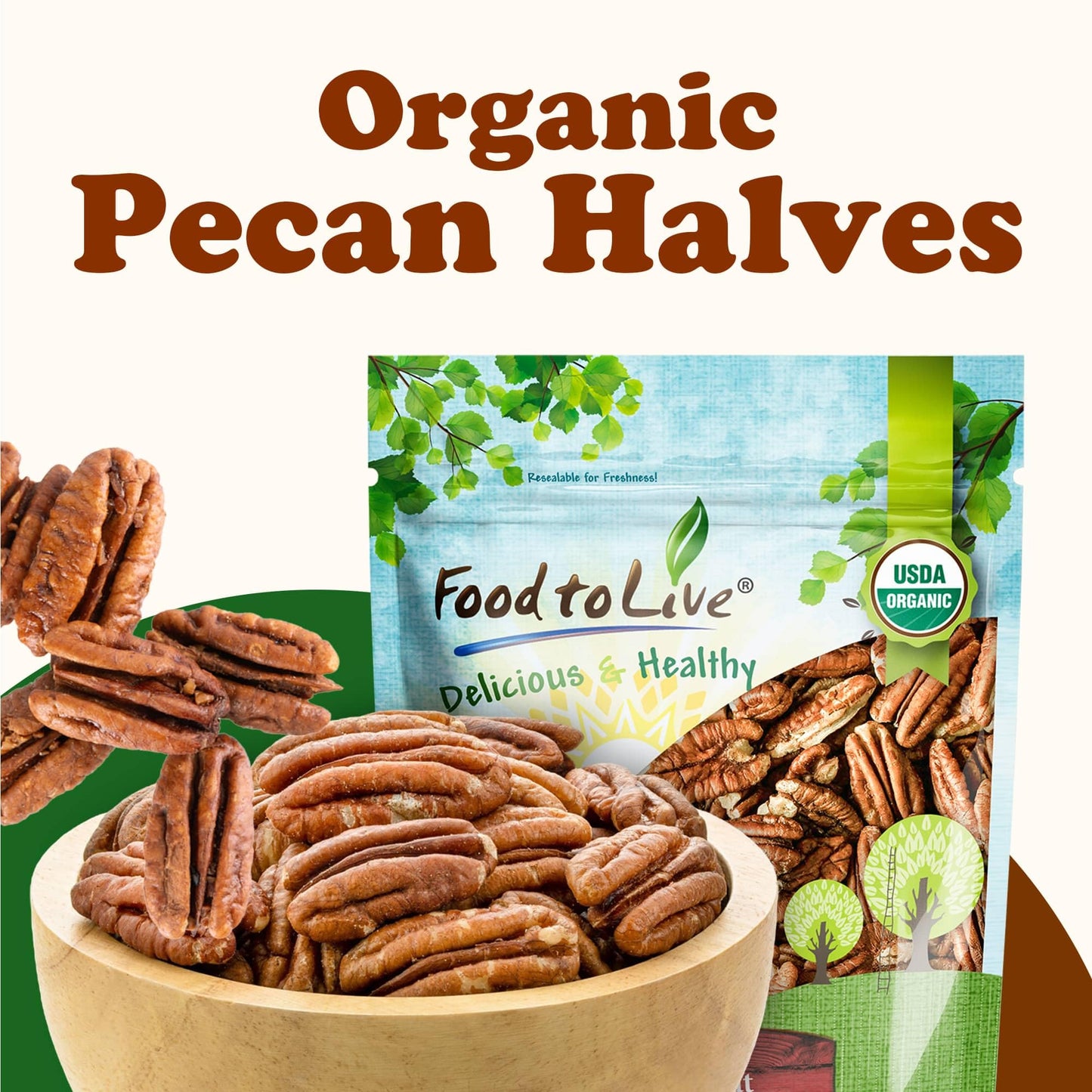 Food to Live Organic Pecan Halves, 9 Pounds - Non-GMO, Kosher, Raw Pecan Nuts, Unsalted, Vegan, Kosher, Shelled, Sirtfood, Bulk. Good source