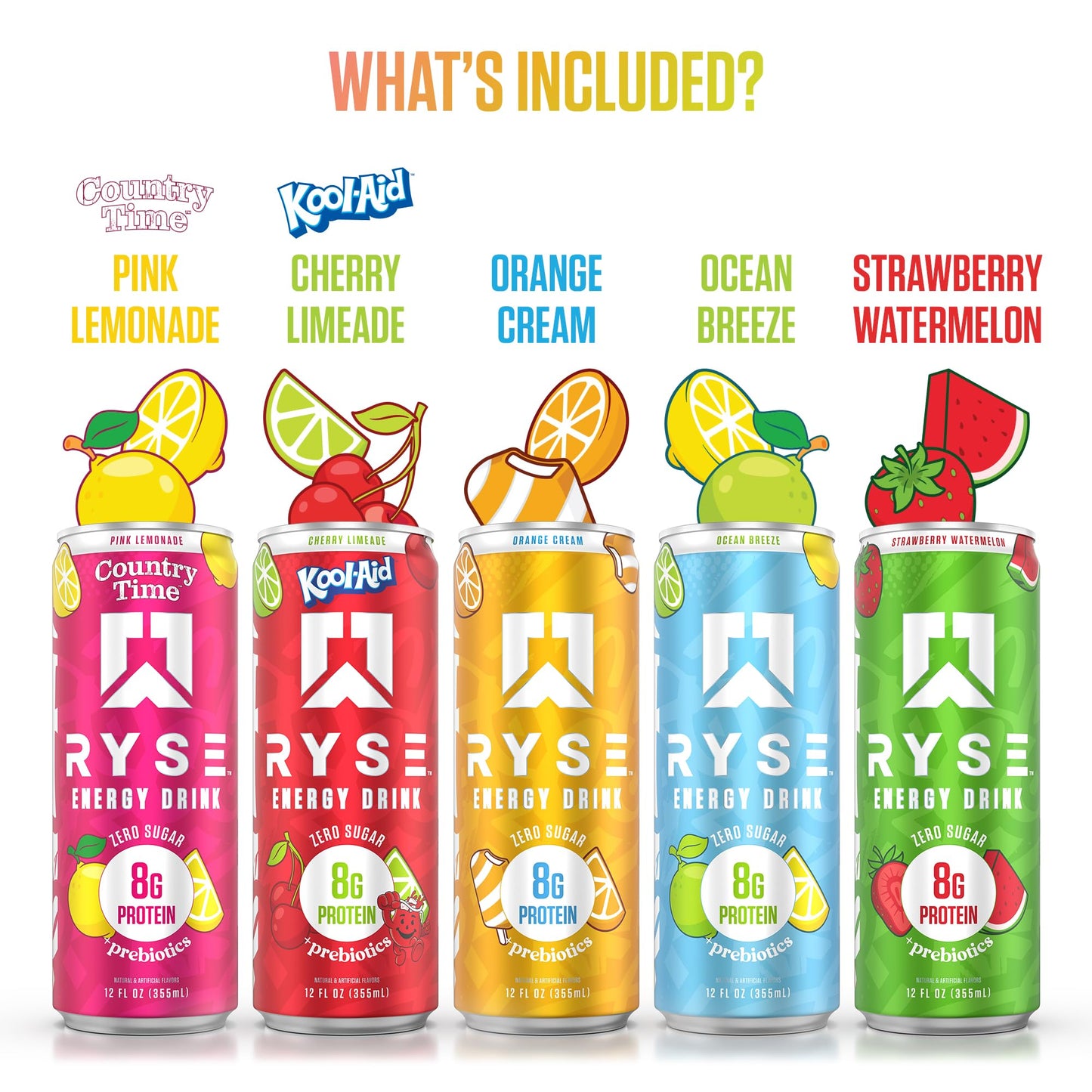 RYSE Functional Energy Drink - 5 Flavors Variety Pack - 150mg Natural Caffeine, 8g Whey Protein & 1g Prebiotics - Sugar Free, Gut-Friendly, Bloat-Free