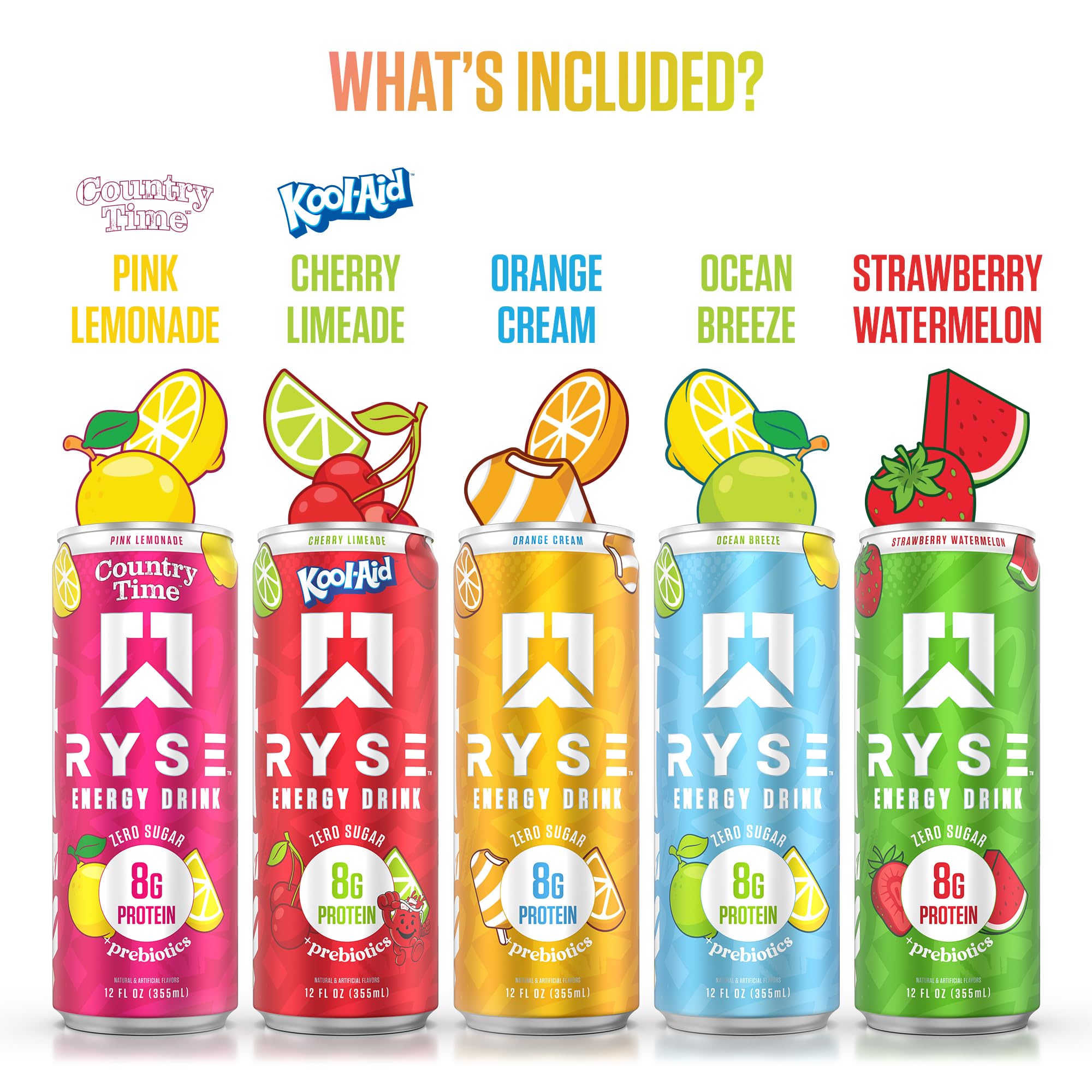 RYSE Functional Energy Drink - 5 Flavors Variety Pack - 150mg Natural Caffeine, 8g Whey Protein & 1g Prebiotics - Sugar Free, Gut-Friendly, Bloat-Free