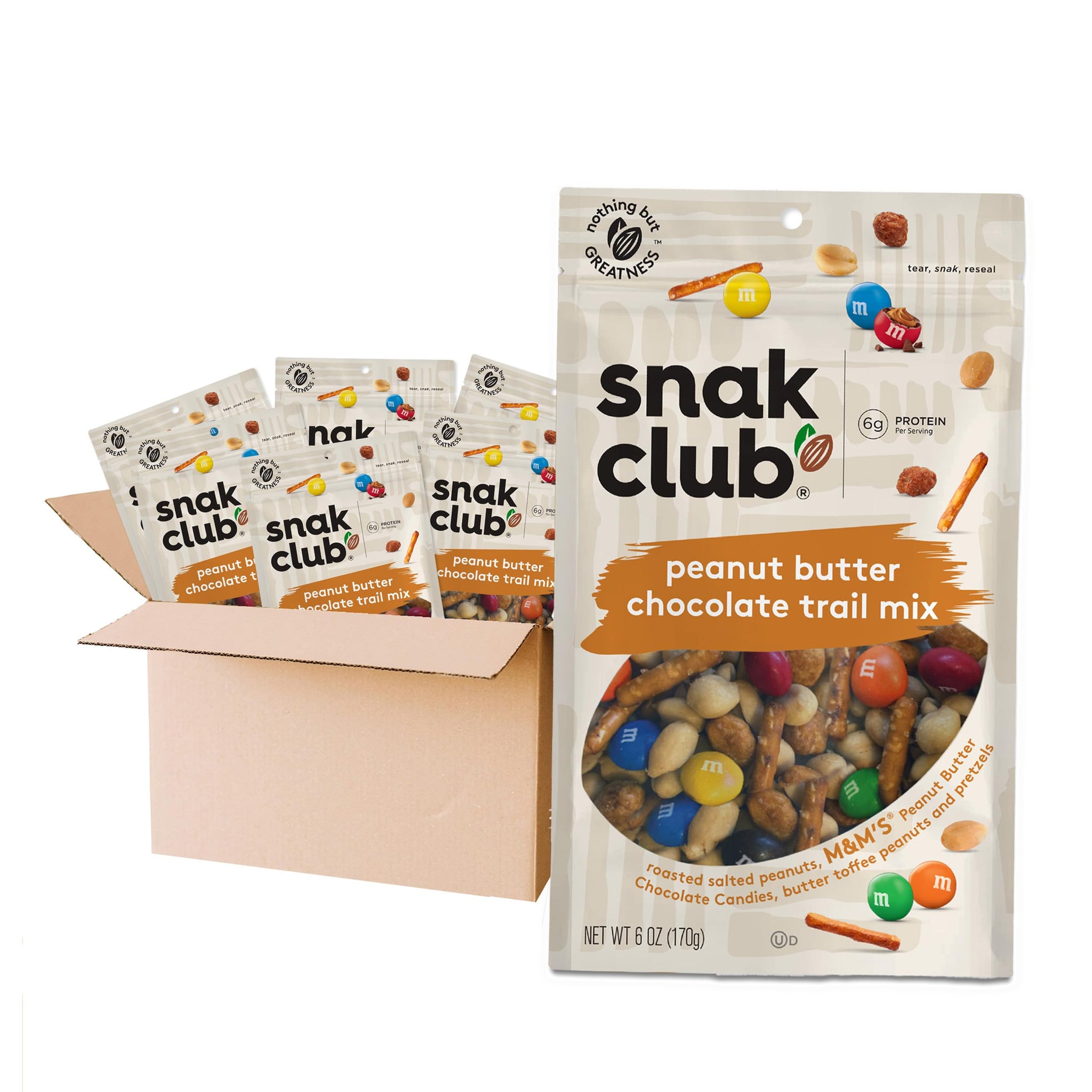 Snak Club Peanut Butter Chocolate Trail Mix with Peanuts, Peanut Butter M&M’S, Toffee Peanuts, and Pretzels, 6 oz Per Bag, 6 Resealable Bags