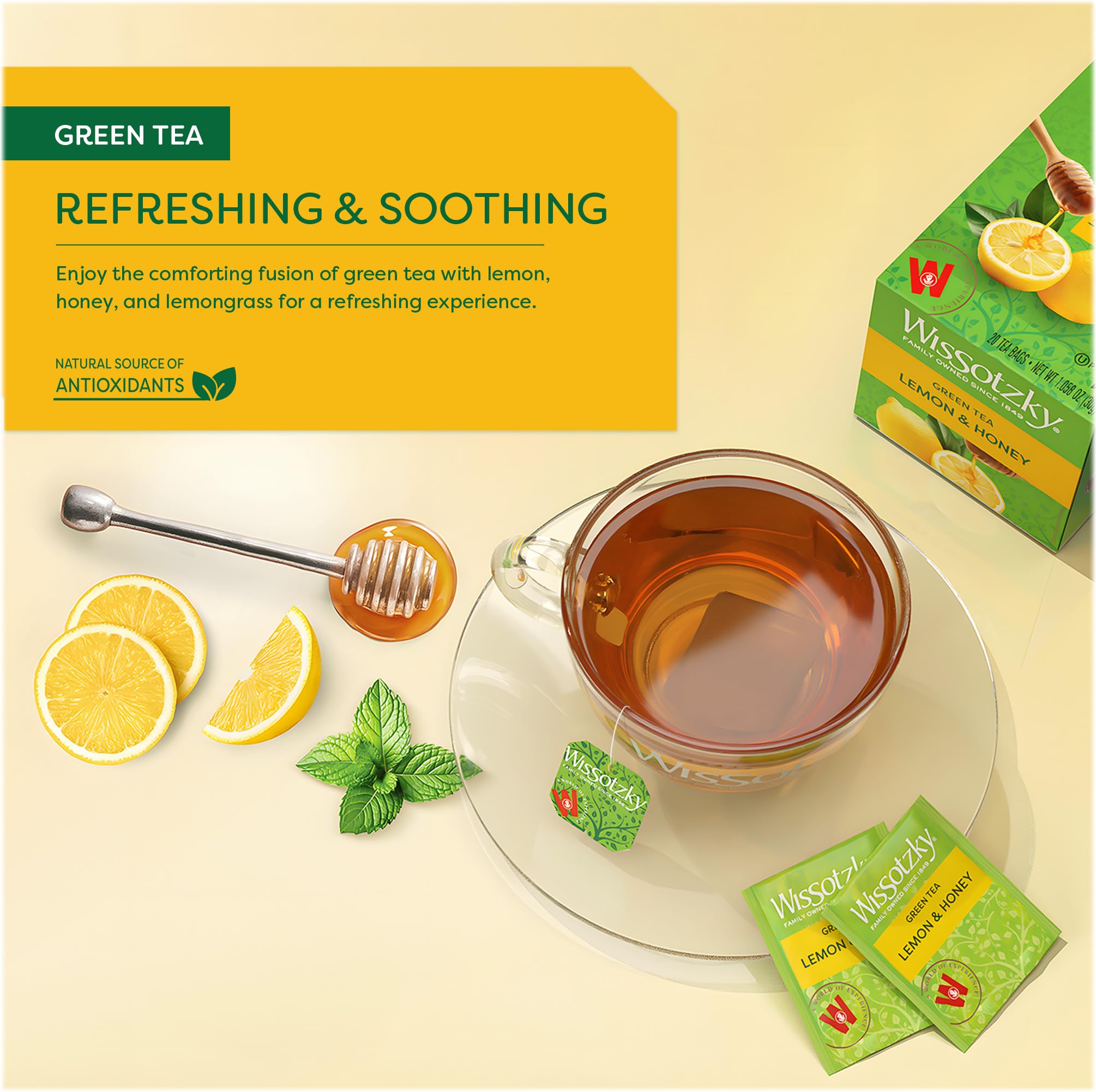 Wissotzky Lemon & Honey Green Tea, 20 Tea Bags | Antioxidant Rich | Soothing Honey Lemon Tea Blend | Green Tea Bags (1)