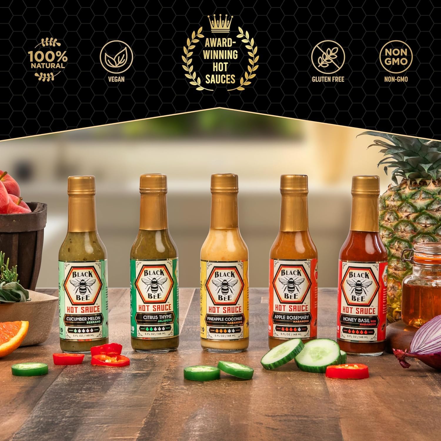 Black Bee Bee Hive Hot Sauce Gift Set (5 Pack) - Citrus Thyme Jalapeño, Pineapple Coconut & Habanero, Apple Rosemary & Habanero, Honey Basil & Red