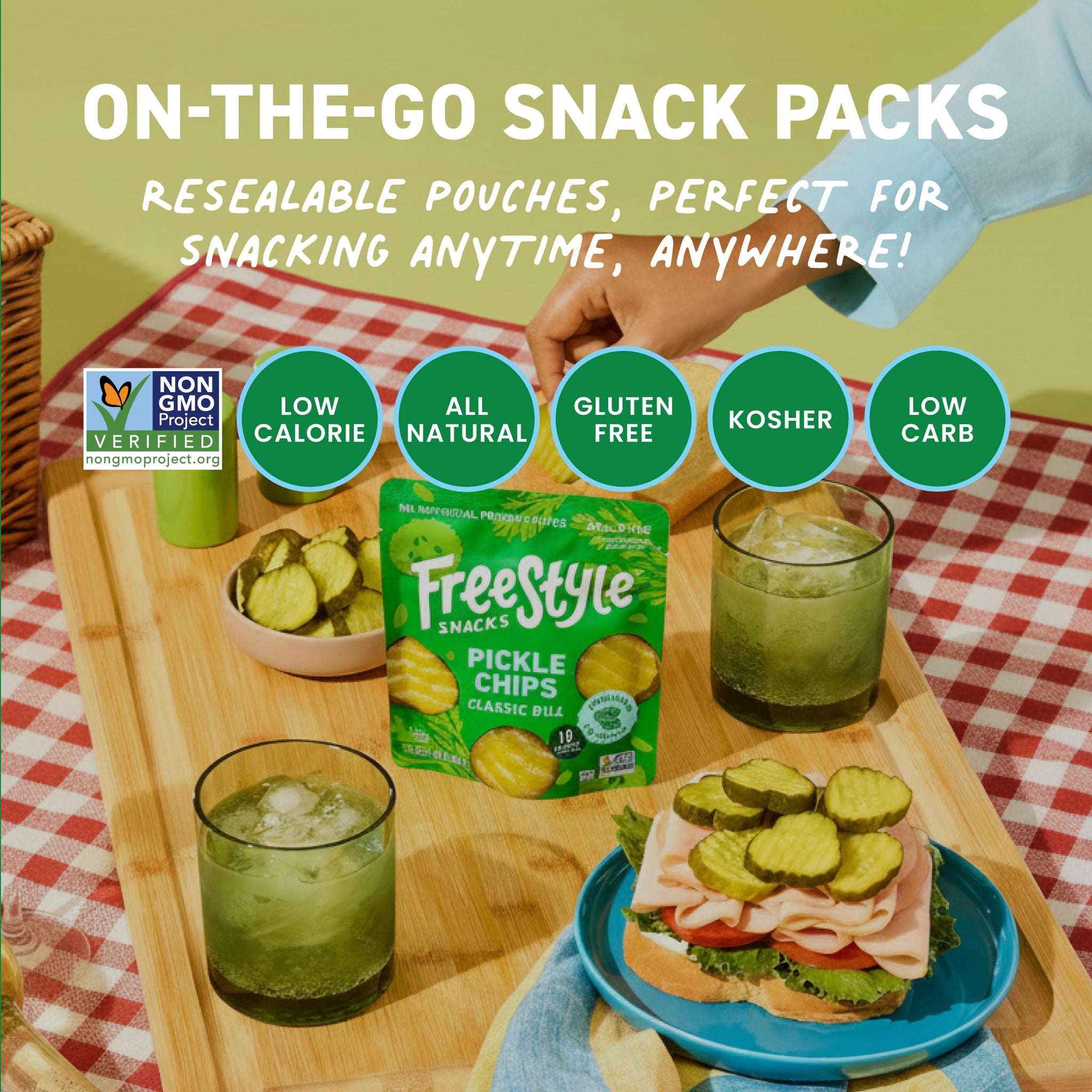 Freestyle Snacks Pickle Chip Snack Packs - Classic Dill - All Natural, Fresh-Packed Deli-Style Pickles - Non-GMO, Kosher, Gluten-Free, Low Calorie