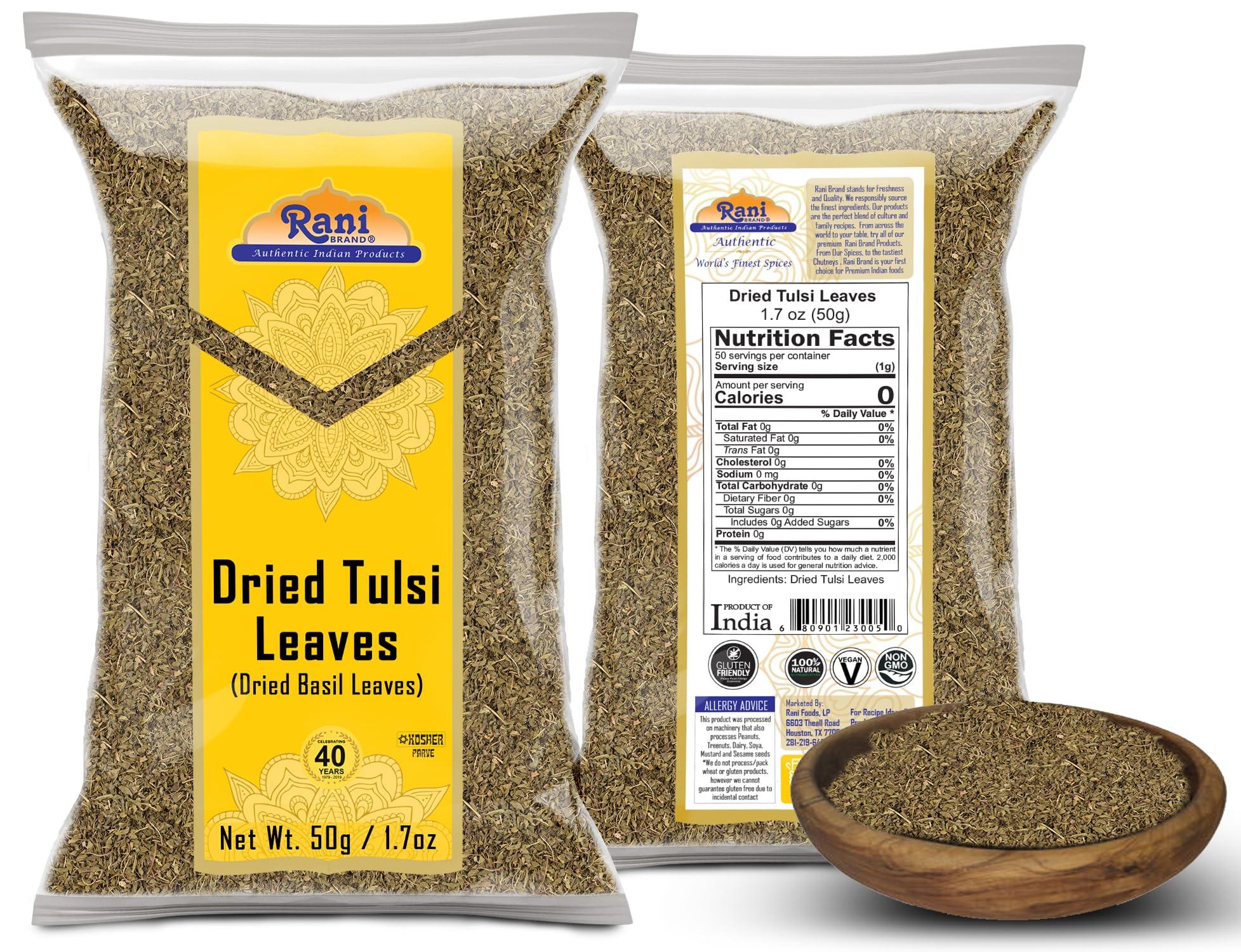 Rani Dried Tulsi (Indian Basil, Holy Basil) Leaves 1.75oz (50g) Used for Beverages & Ayurveda Herbal ~ All Natural | Vegan | Gluten Friendly | Non-GMO