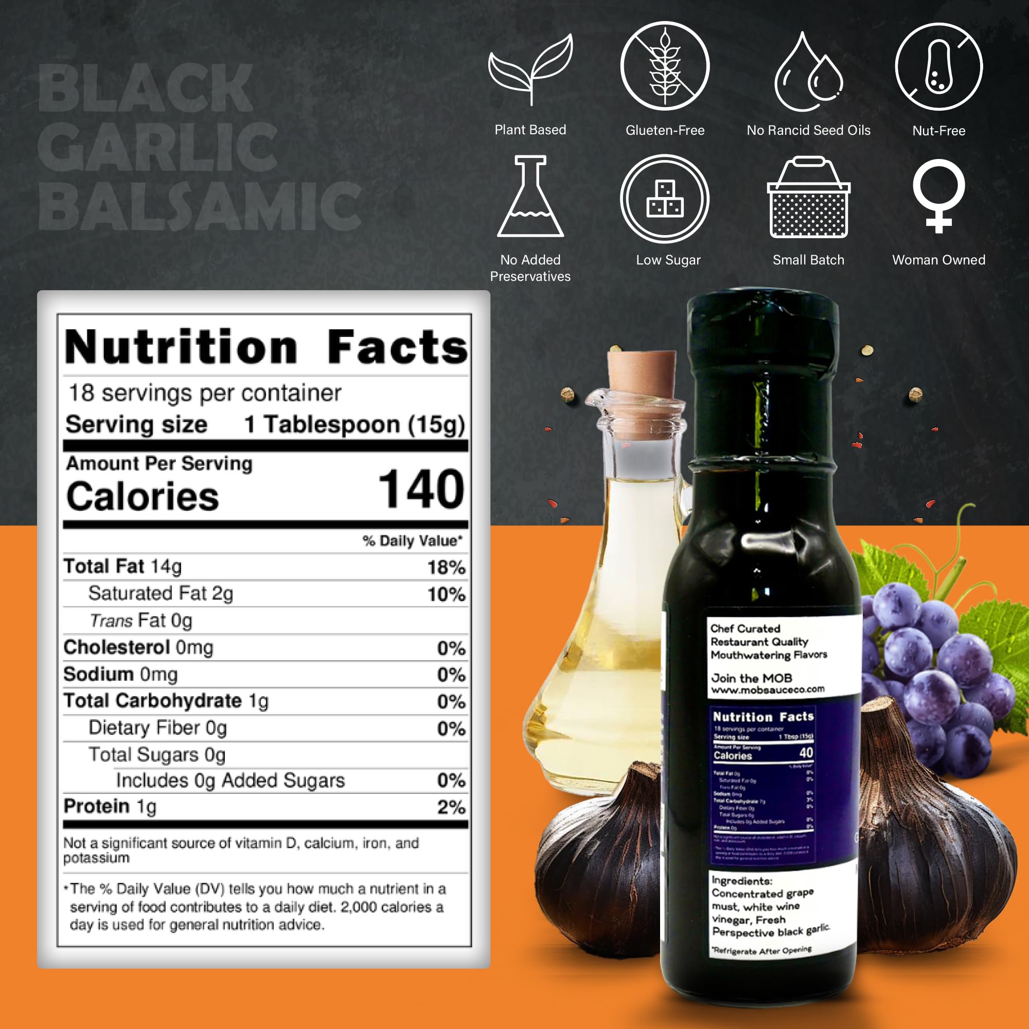 MOB Sauce Black Garlic Balsamic - Glaze, Dipping, and Finishing Sauce That’s Vegan, Gluten-Free with Natural Ingredients Free of Preservatives - 9 fl