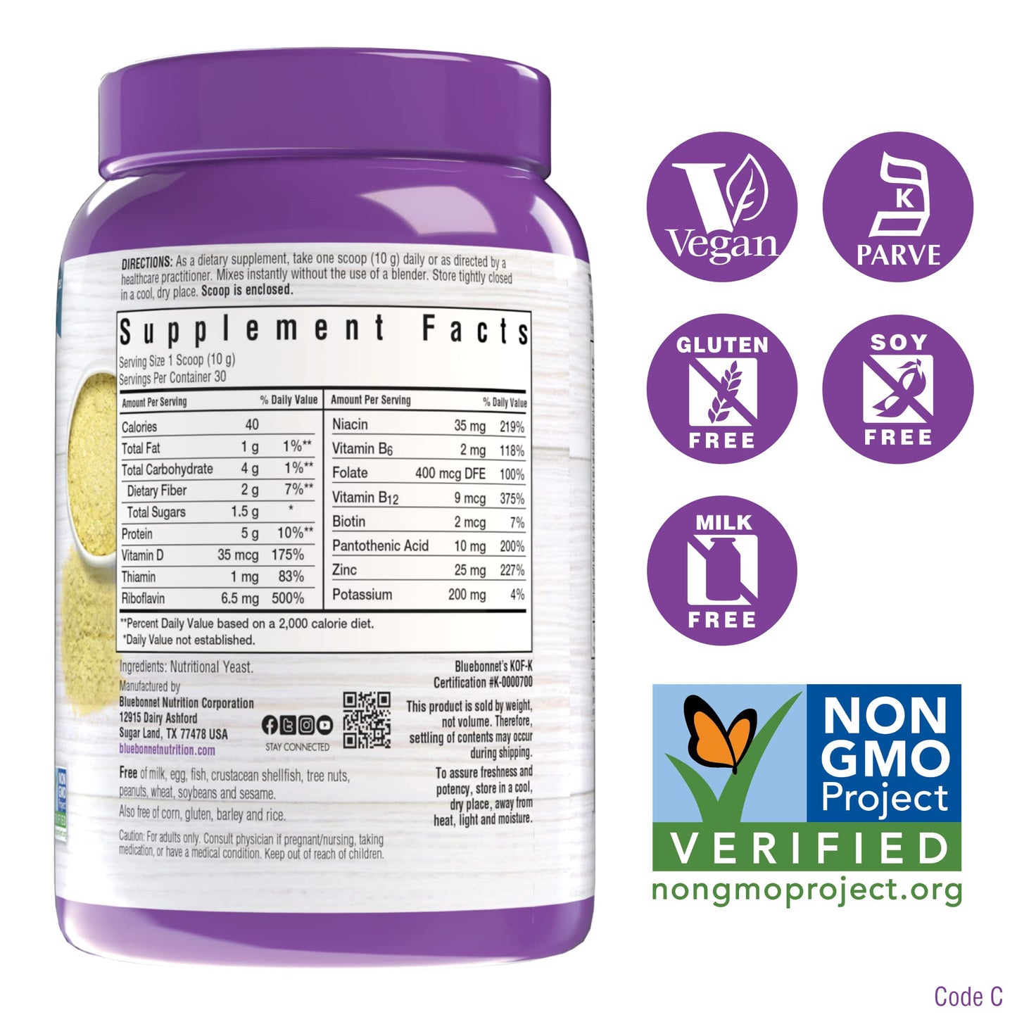BlueBonnet Nutrition Non-Bitter Nutritional Yeast Flakes - Plant-Sourced Protein, B Vitamins & Vitamin D - Non-GMO, Vegan, Kosher, Gluten-Free