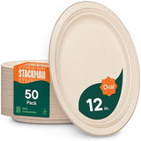 100% Compostable Oval Paper Plates [12.5 inch - 50-Pack] Elegant Disposable Dinner Platter Heavy-Duty Quality, Natural Bagasse Unbleached Eco-Friendly