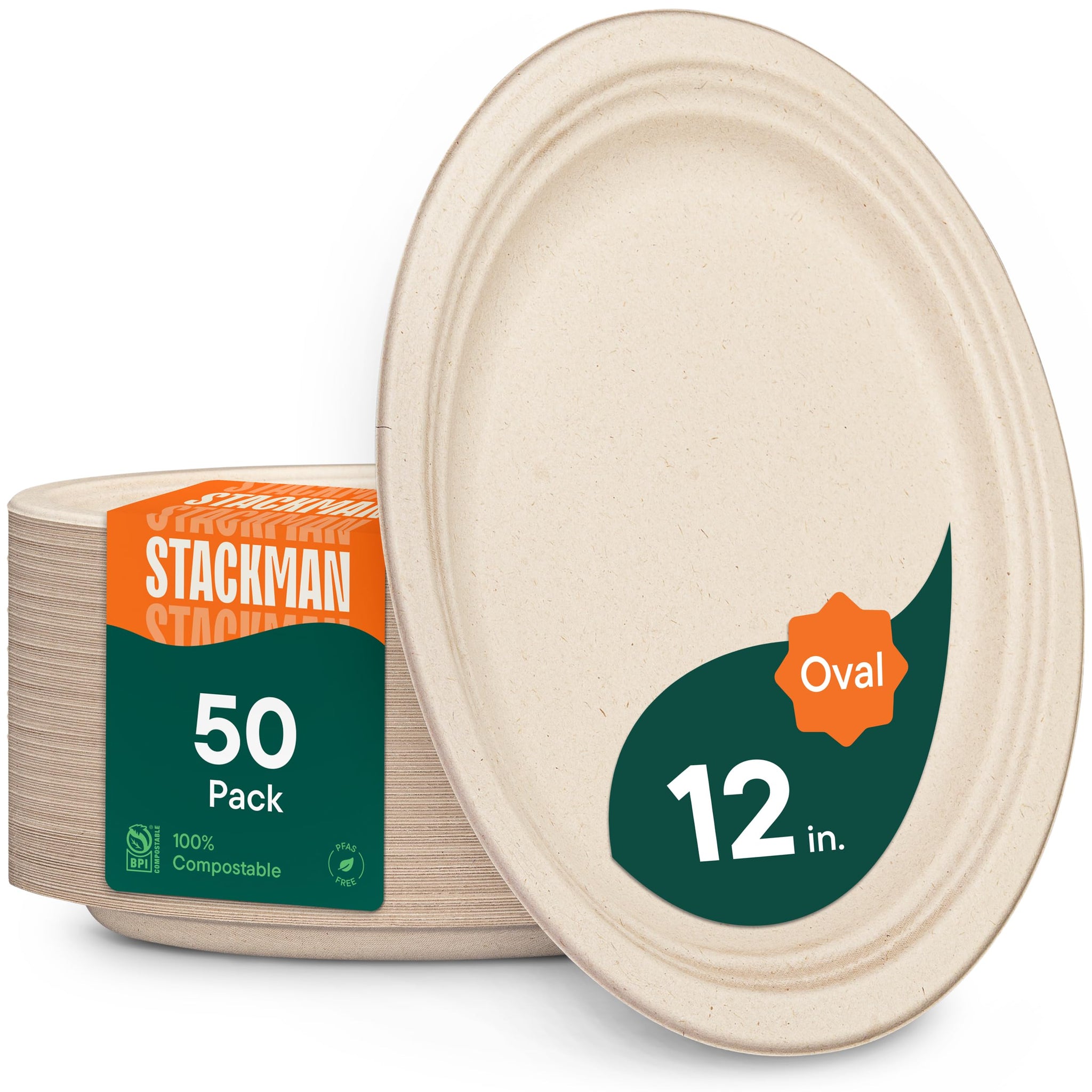 100% Compostable Oval Paper Plates [12.5 inch - 50-Pack] Elegant Disposable Dinner Platter Heavy-Duty Quality, Natural Bagasse Unbleached Eco-Friendly