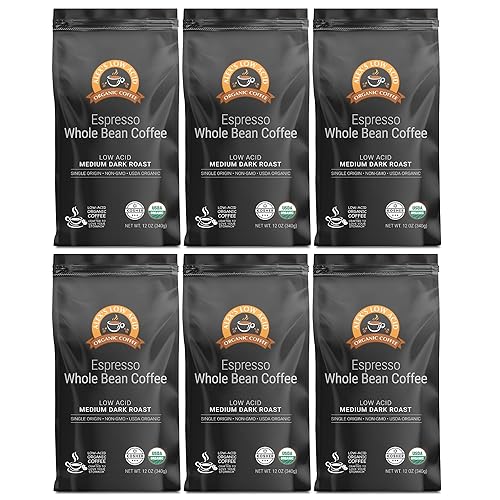 Alex's Low Acid Organic Coffee 12oz Bag - Whole Bean Espresso, Medium Dark Roast (Pack of 6)