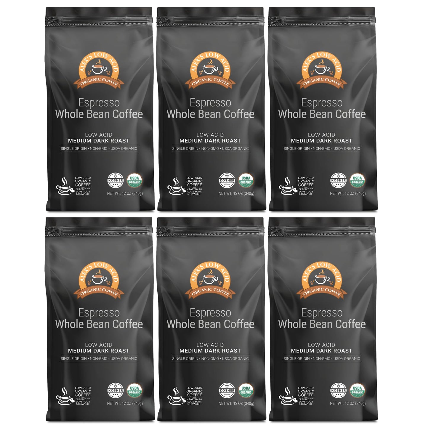 Alex's Low Acid Organic Coffee 12oz Bag - Whole Bean Espresso, Medium Dark Roast (Pack of 6)