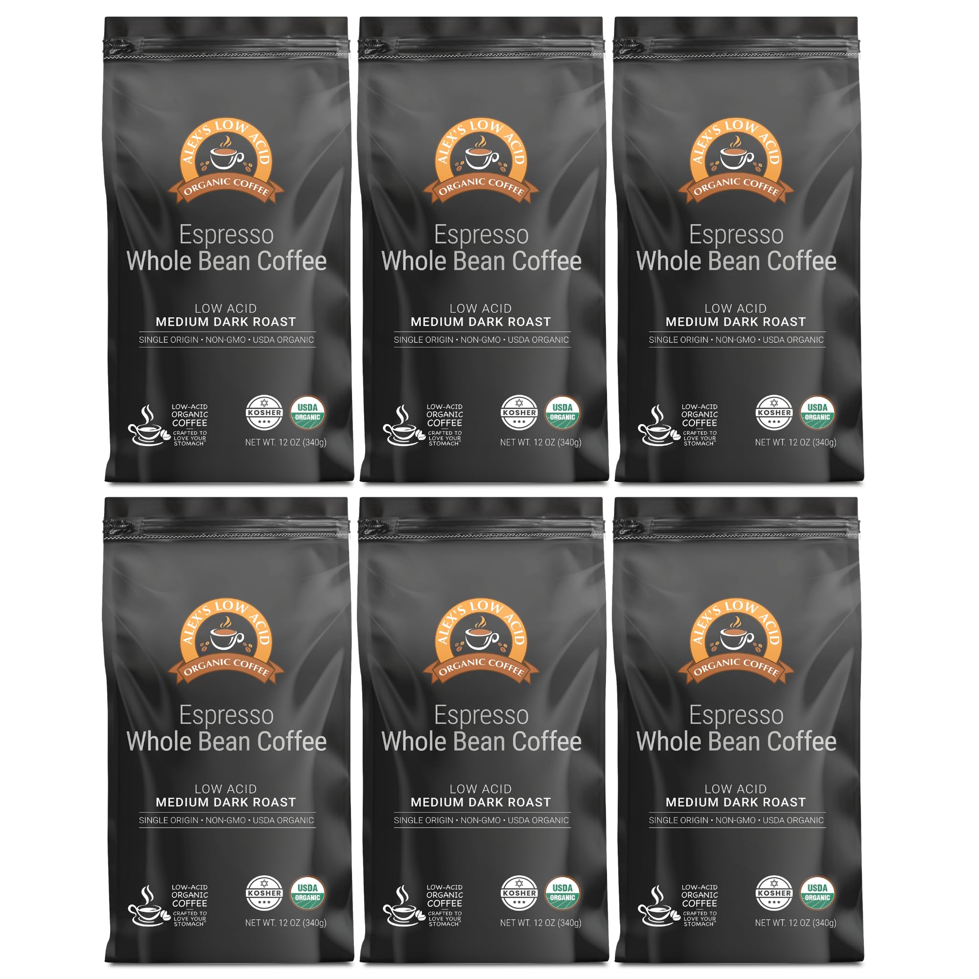 Alex's Low Acid Organic Coffee 12oz Bag - Whole Bean Espresso, Medium Dark Roast (Pack of 6)